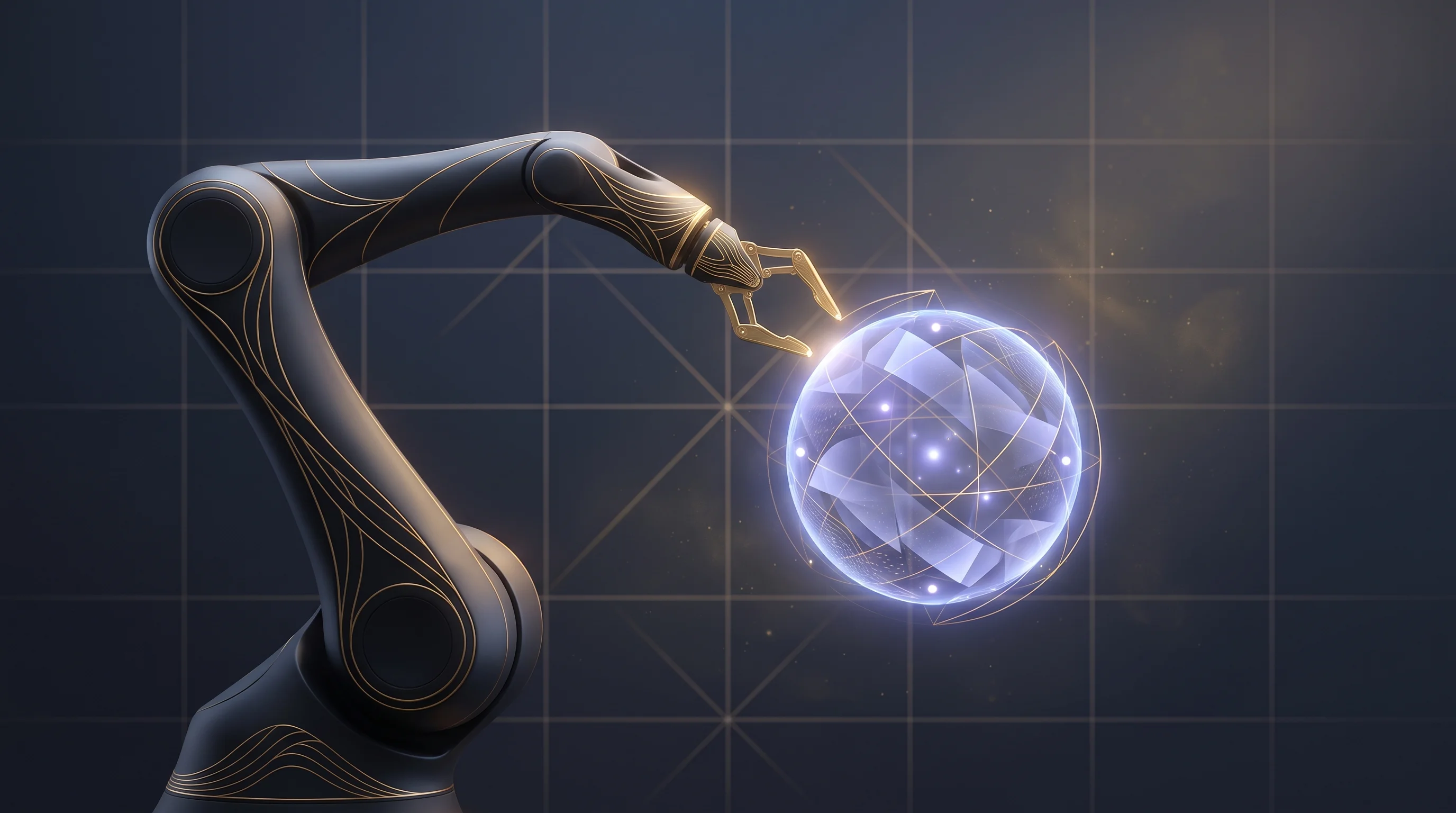 Digital illustration for article section "Carnegie Mellon roots, Y Combinator backing" in "Aktoria Robotics launches Human-as-API platform for robots" - A sleek, minimalist robotic arm delicately interacting with an abstract, glowing geometric sphere re...
