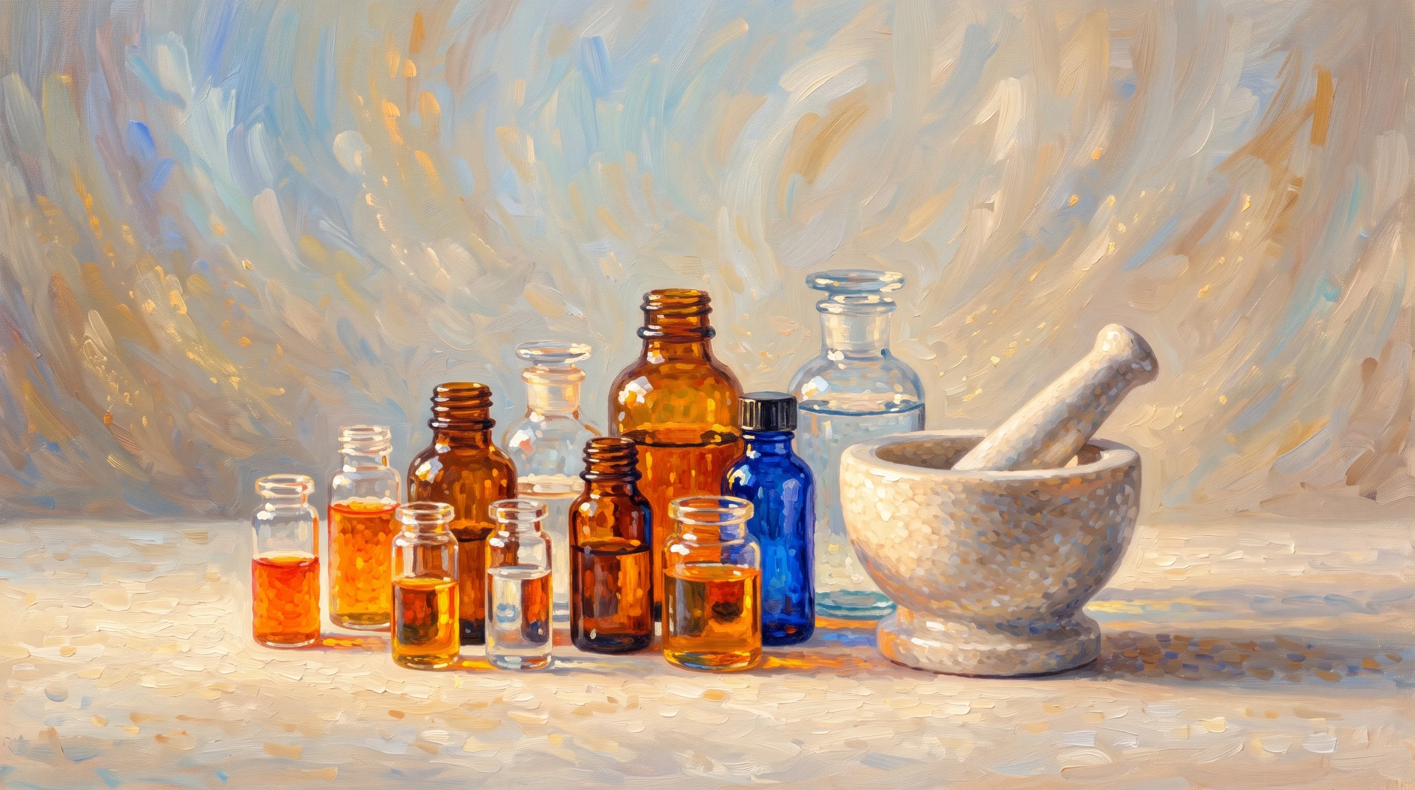 Digital illustration for article section "More Than Weight Loss" in "RonanRx launches AI-powered personalized GLP-1 platform" - A minimalist and conceptual still life featuring a beautifully crafted cluster of diverse glass apot...