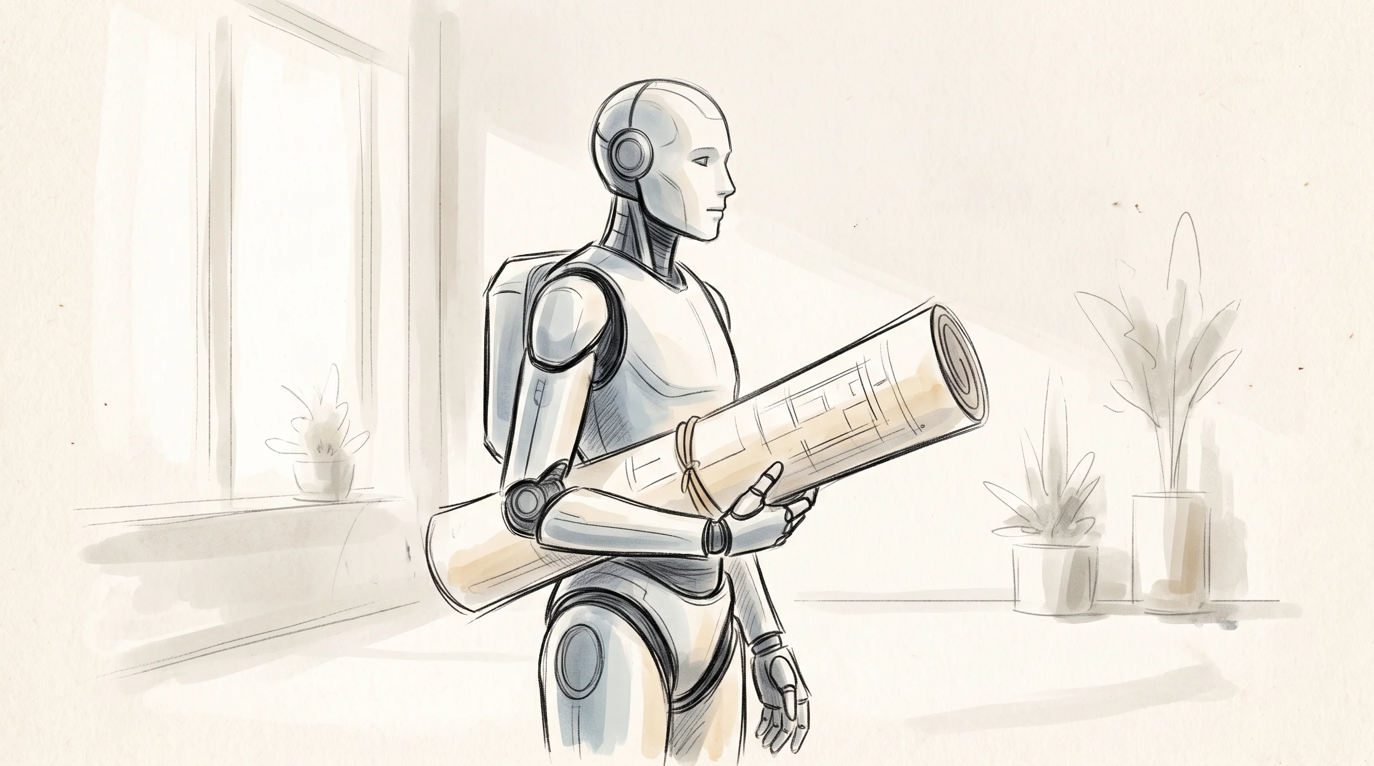 Digital illustration for article section "Content Section 3" in "Neuromorphic launches plug-and-play robot brains for wet labs" - A sleek, modern humanoid robot standing in a clean, minimalist space, gently holding a rolled-up arc...