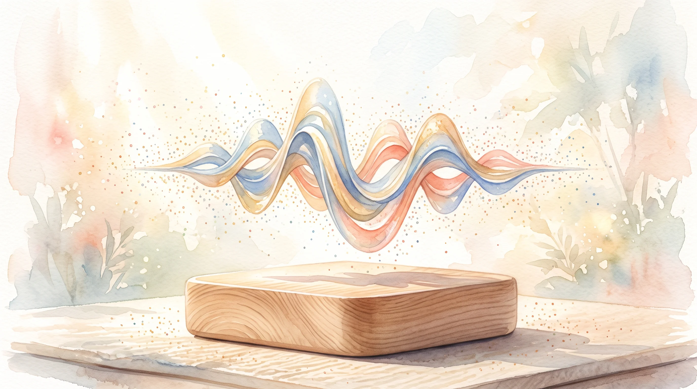 Digital illustration for article section "Content Section 3" in "Palette raises €3M to build model-neutral AI operating system" - A sleek, abstract soundwave sculpture floating gently above a smooth, minimalist Danish-design woode...