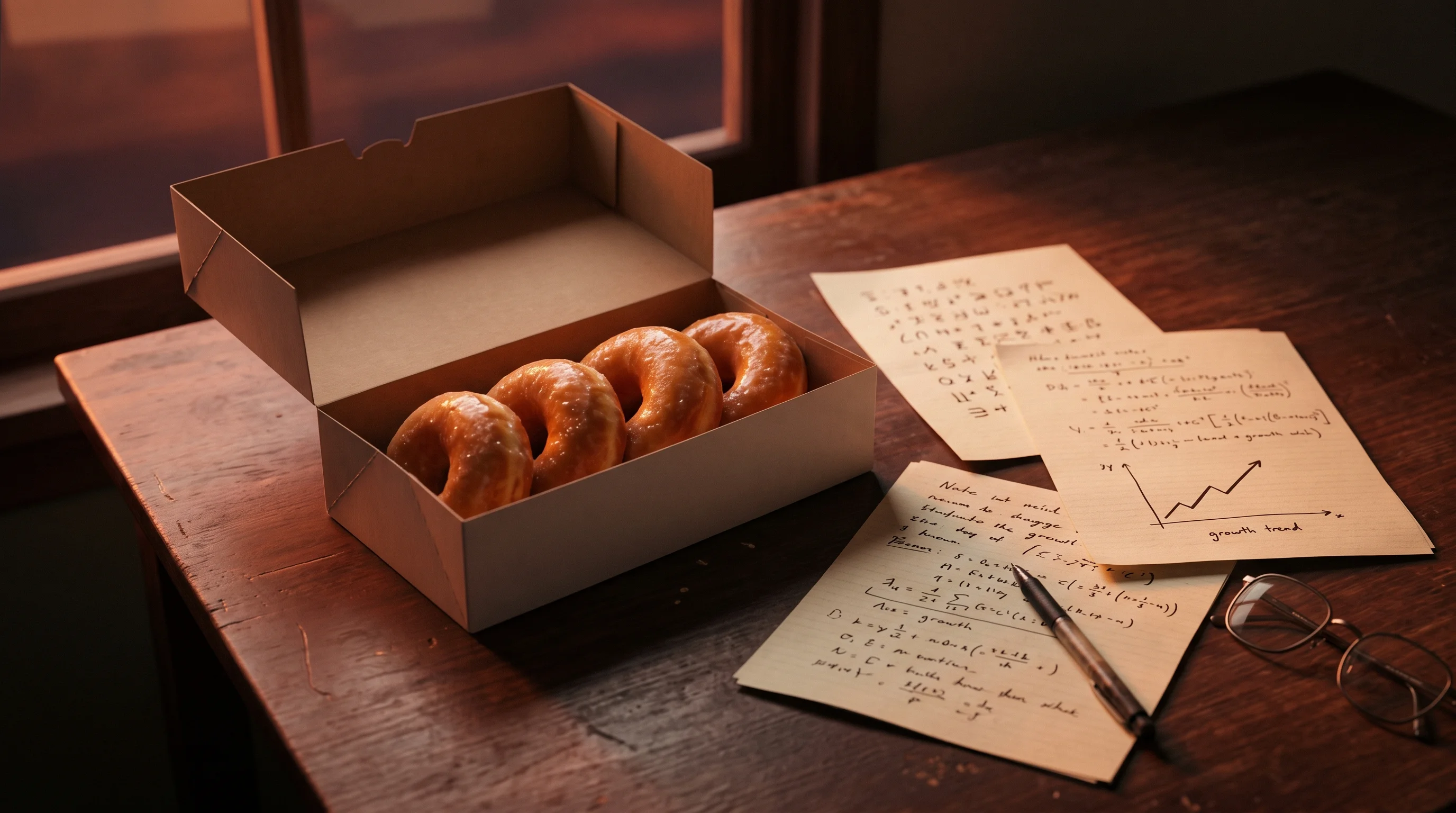 Digital illustration for article section "Founders Who Showed Up With Donuts" in "Orvixo launches AI planner for complex manufacturing" - A cinematic still life of an open, minimalist pastry box containing a few glazed donuts resting on a...