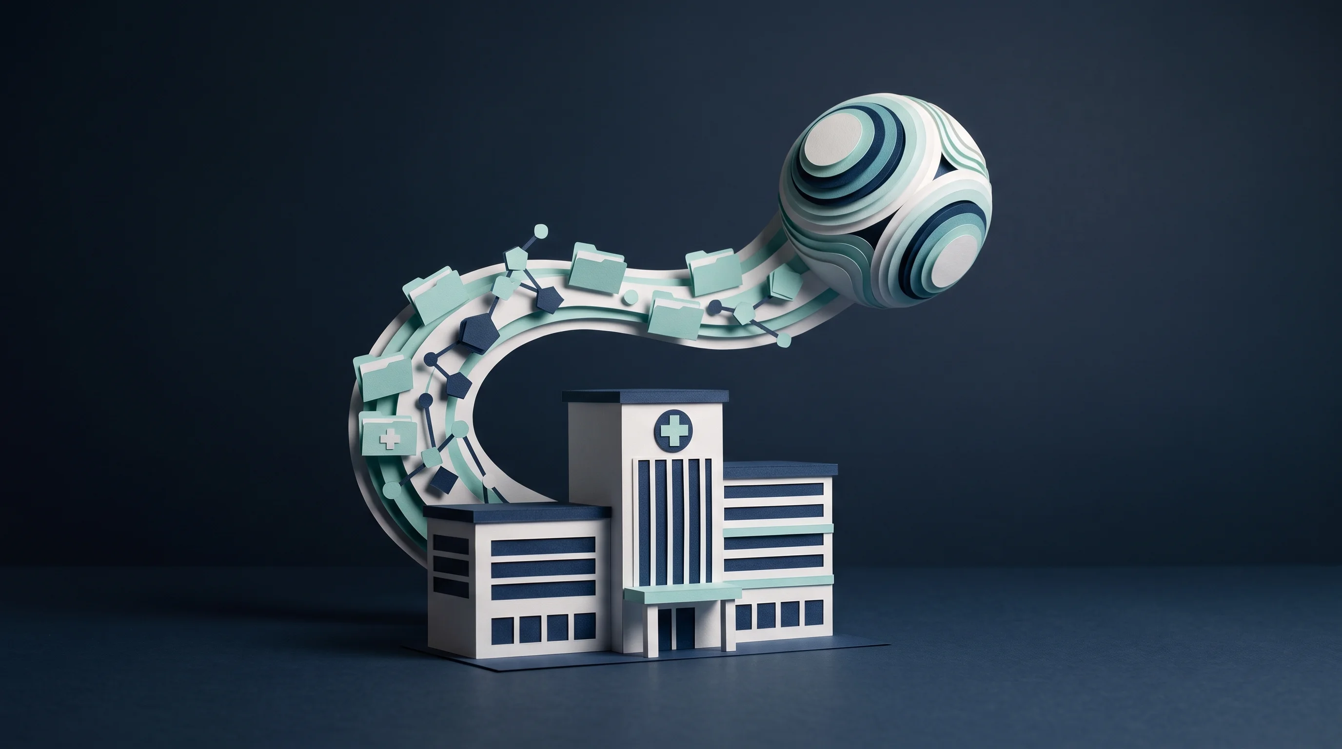 Digital illustration for article section "Content Section 3" in "Mirae raises $5.4M to bring AI care to IBD patients" - A highly textured, 3D papercraft diorama conceptualizing the flow of real-world healthcare data into...