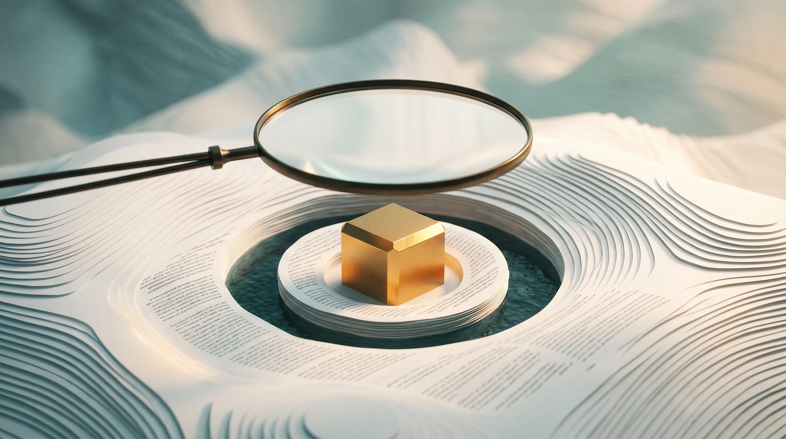 Digital illustration for article section "Content Section 4" in "Risklytics launches insurance brokerage for frontier tech" - A conceptual, minimal, and surreal cinematic image of a pristine, oversized magnifying glass hoverin...
