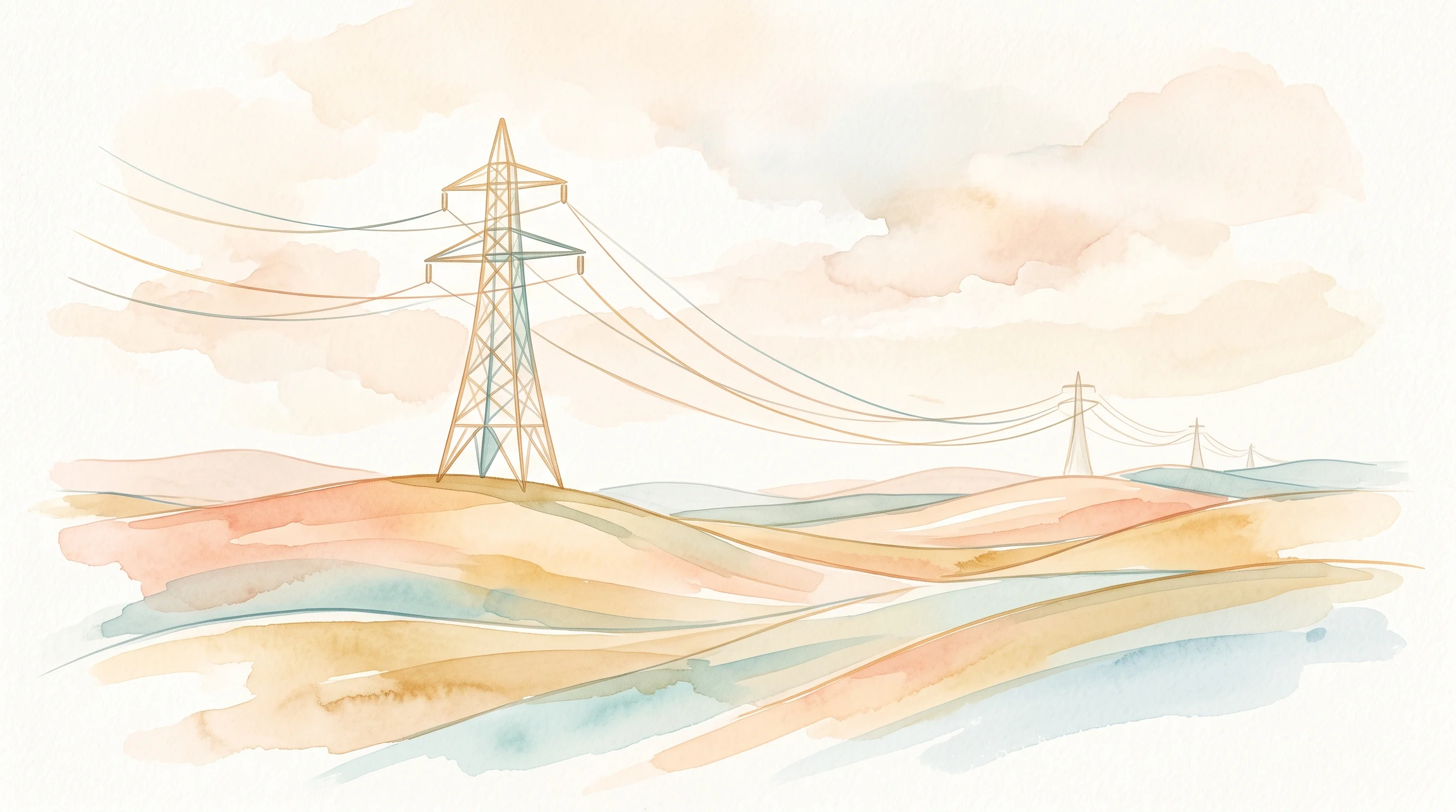 Digital illustration for article section "Content Section 3" in "Marengo uses AI to cut data center design time in half" - A minimalist and conceptual illustration of an elegant electrical transmission tower seamlessly conn...