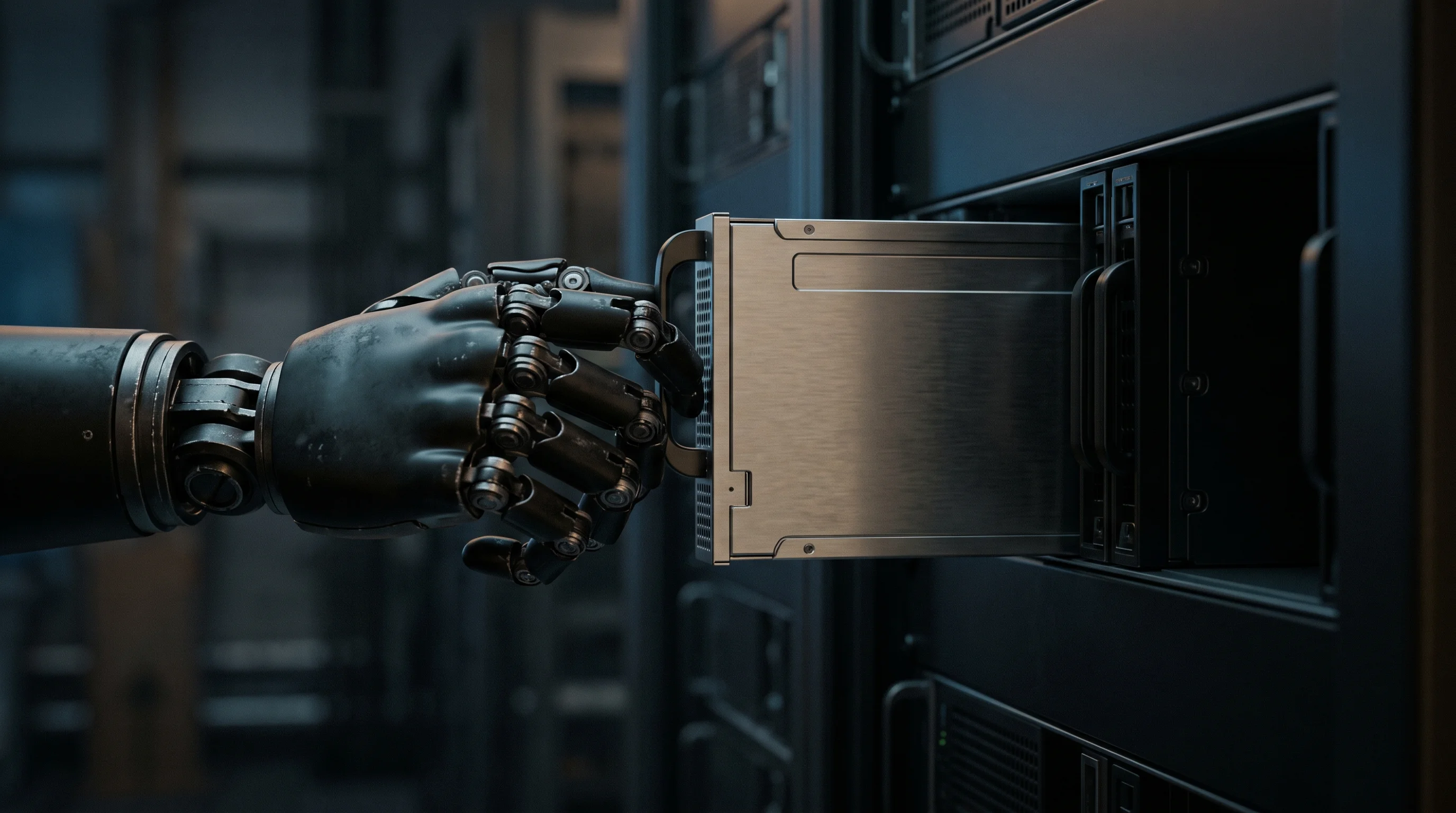 Digital illustration for article section "The Dexterity Problem" in "Proprio Robotics automates data centers as AI drives boom" - A close-up, minimalist composition of a highly articulated, sleek robotic hand delicately sliding a ...