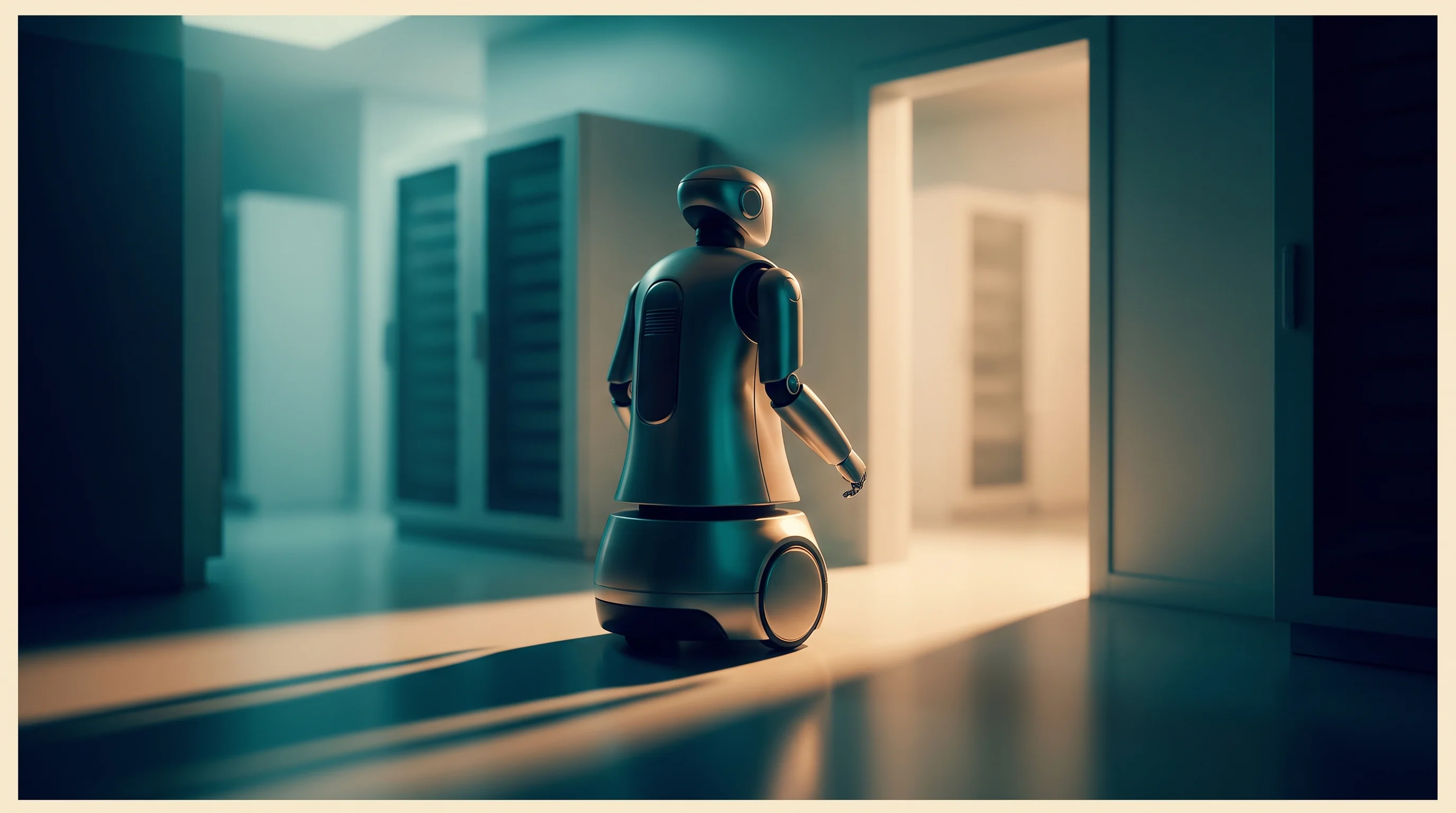 Digital illustration for article section "What Comes Next" in "Proprio Robotics automates data centers as AI drives boom" - A sleek, modern inspection robot smoothly navigating a clean, minimalist data center aisle, represen...