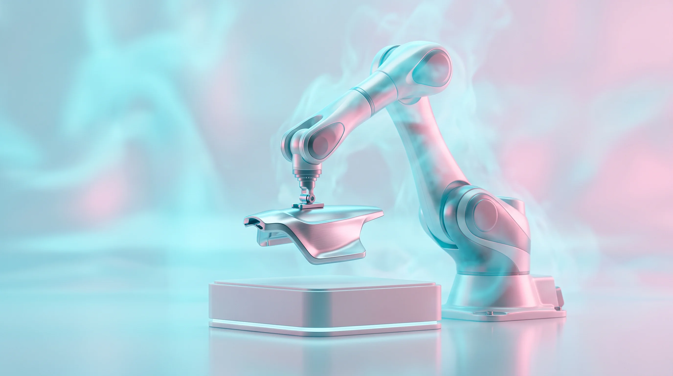 Digital illustration for article section "What Deployment Actually Looks Like" in "Enact builds post-training layer for reliable robot AI" - A sleek, state-of-the-art robotic arm gracefully and precisely placing a polished metallic automotiv...