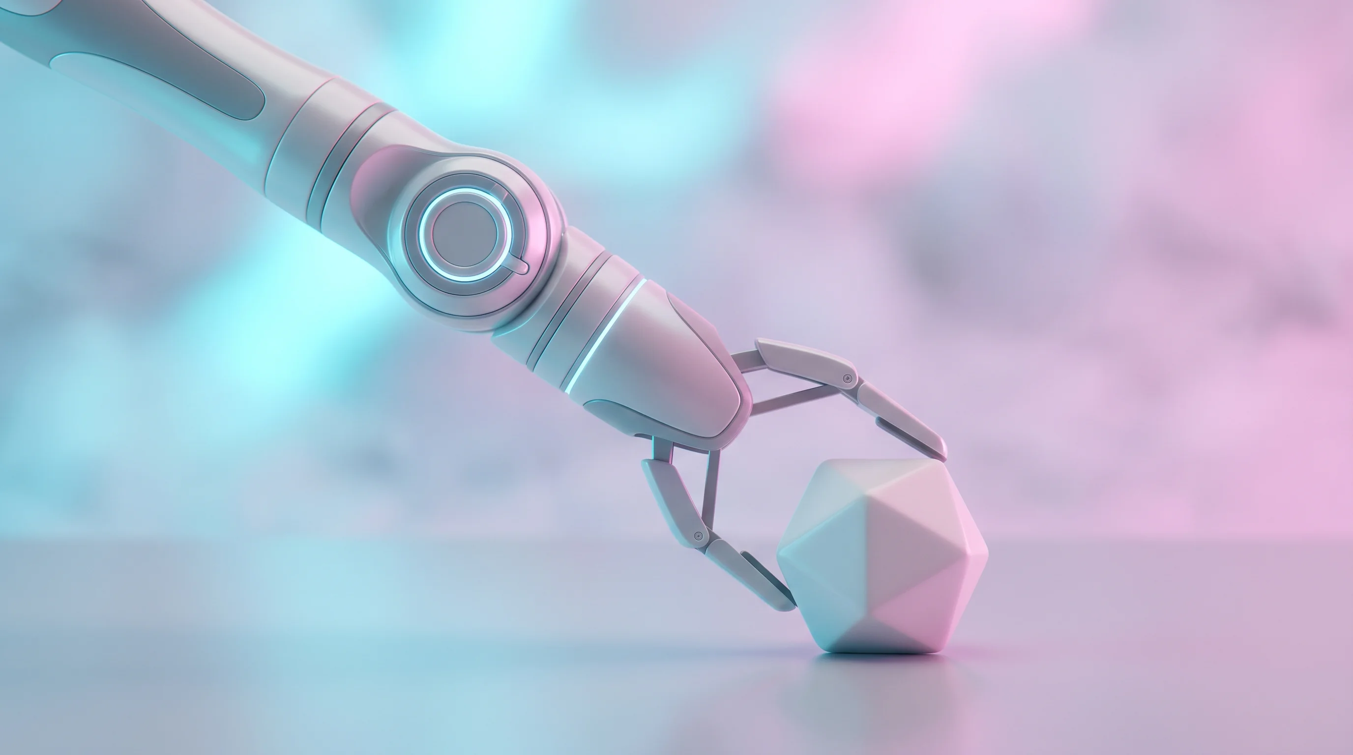 Digital illustration for article section "The Velocity Constraint" in "Enact builds post-training layer for reliable robot AI" - A clean, minimal composition featuring a single, sophisticated robotic arm delicately interacting wi...
