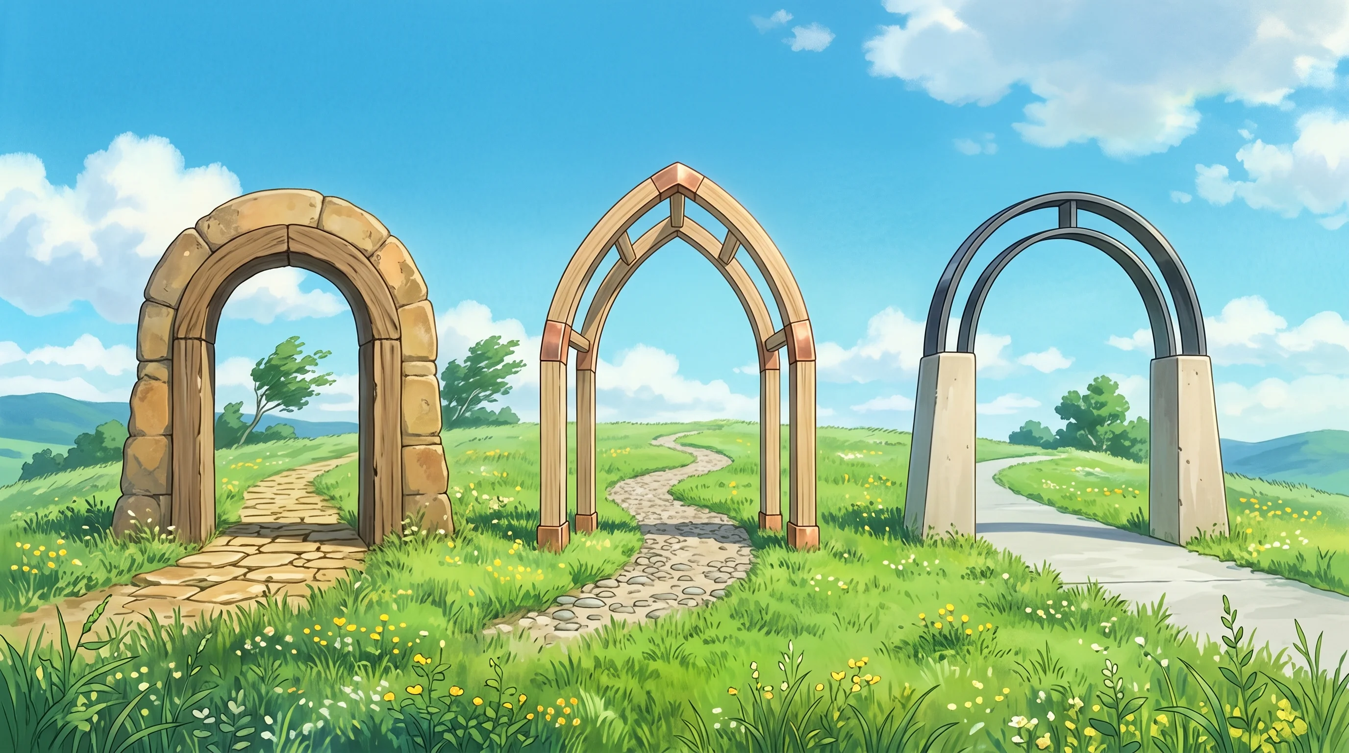 Digital illustration for article section "Content Section 2" in "Caution launches verifiable hosting platform for secure enclaves" - A conceptual, minimalist composition featuring three distinct, elegantly crafted modern archways sta...
