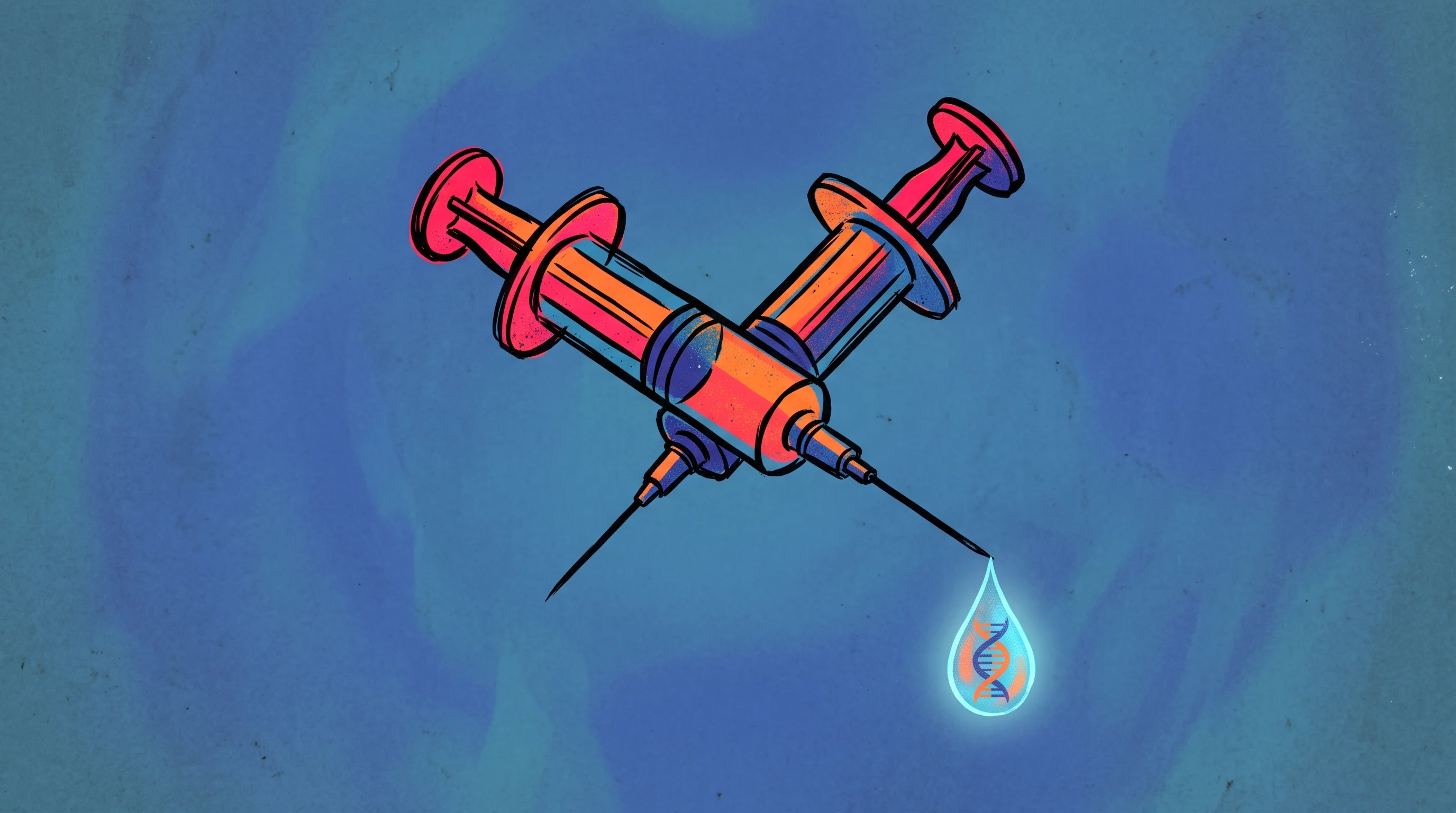 Digital illustration for article section "Content Section 5" in "Remedium Bio lands Lilly deal for adjustable gene therapy" - A solitary, stylized medical syringe suspended in a minimalist, abstract space, with a single lumino...