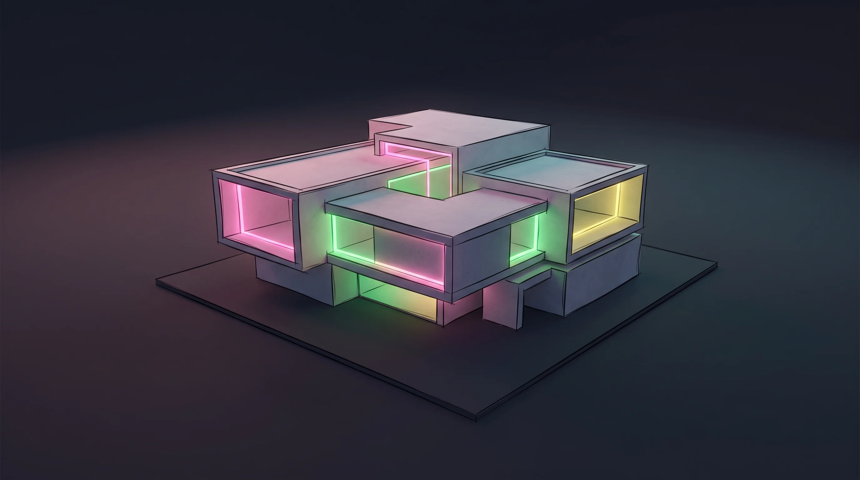Digital illustration for article section "Content Section 3" in "Visoid raises $2.5M to bring AI rendering to architects" - A sleek, minimalist architectural model of a modern, abstract building structure resting on a clean,...