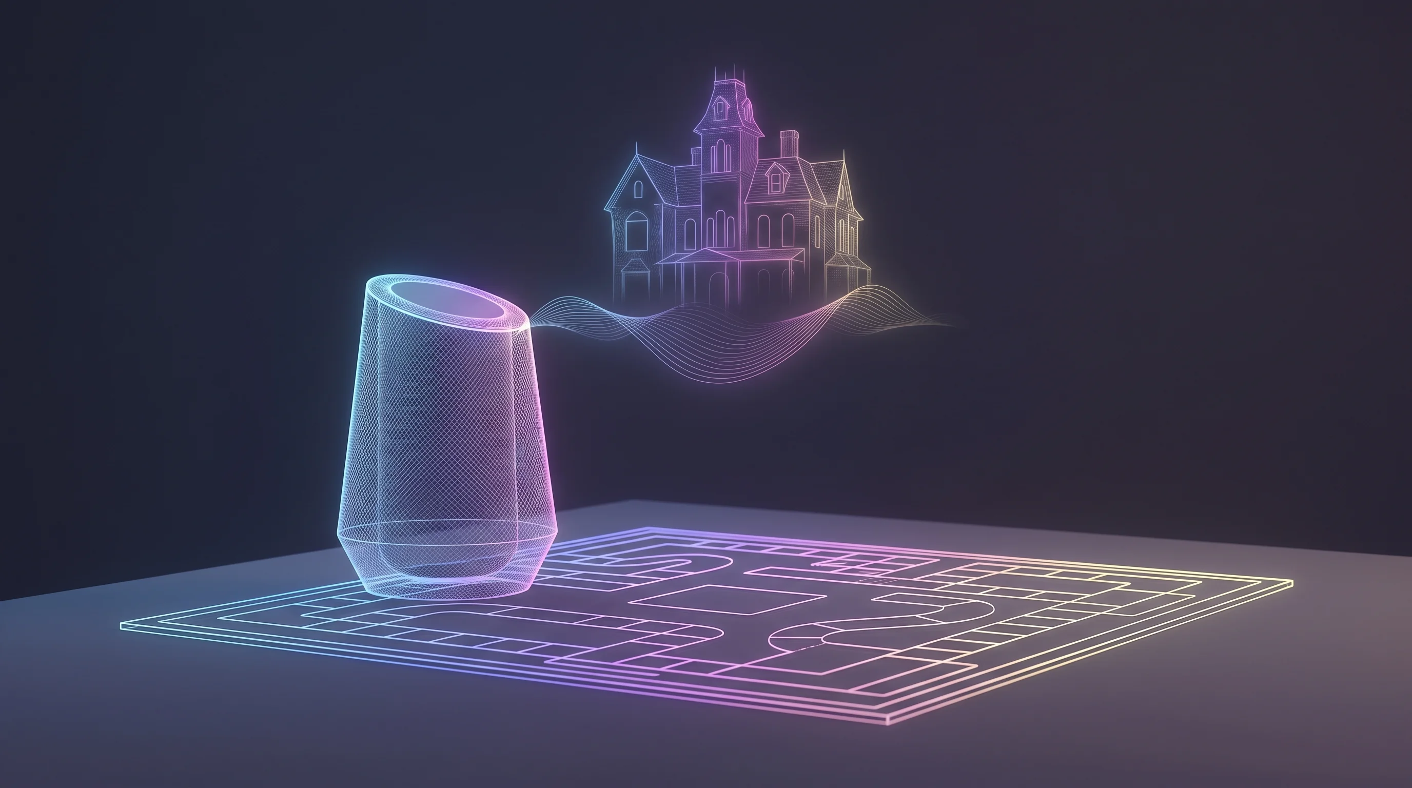Digital illustration for article section "Content Section 4" in "WhoDunnitAI launches voice-driven murder mystery game" - A minimalist and modern conceptual image featuring a sleek smart speaker resting on a clean, unclutt...