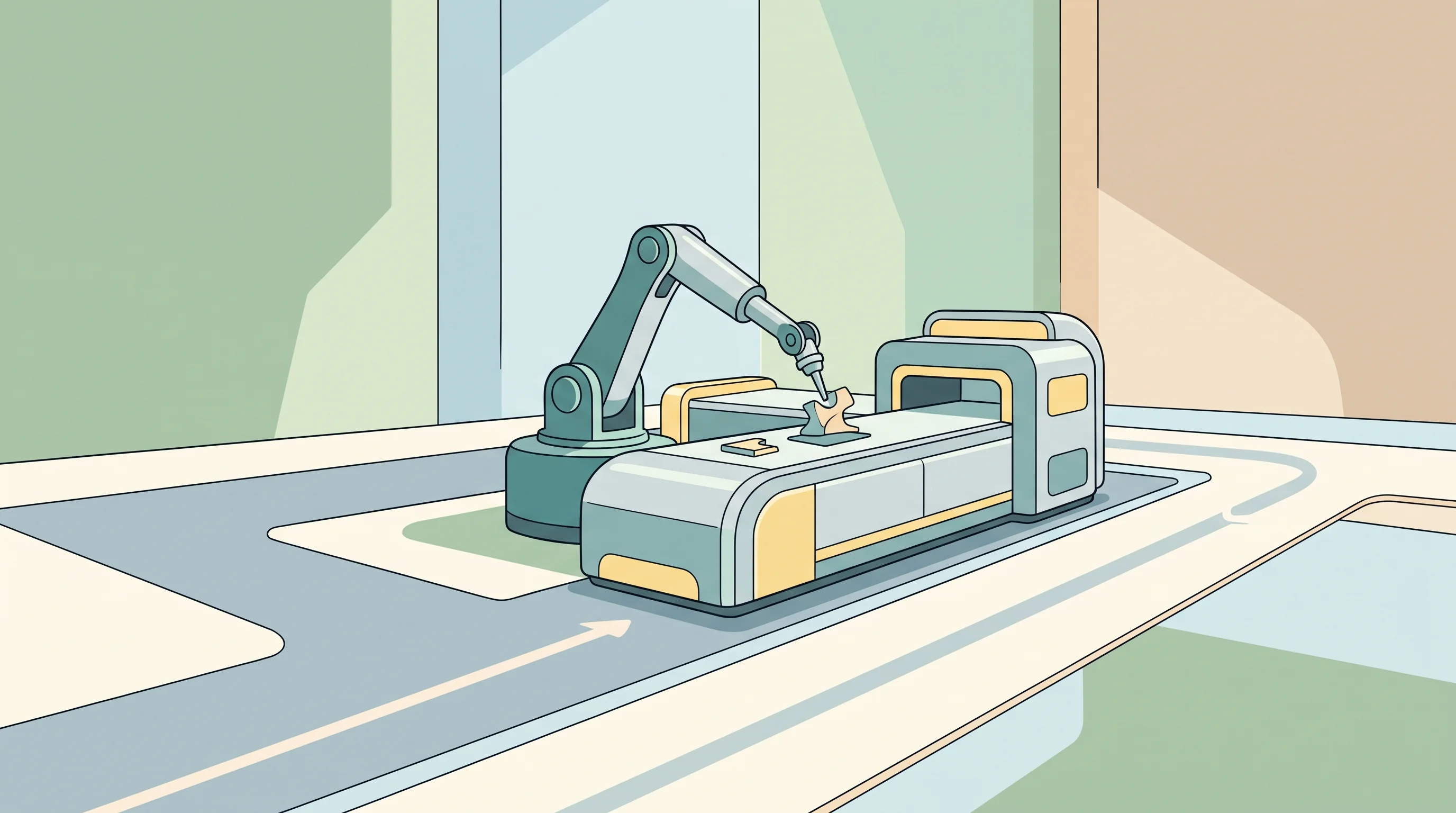 Digital illustration for article section "Content Section 2" in "Tensr launches autonomous factory to build robots 24/7" - A conceptual, minimalist illustration of a modern factory floor being designed from the ground up sp...
