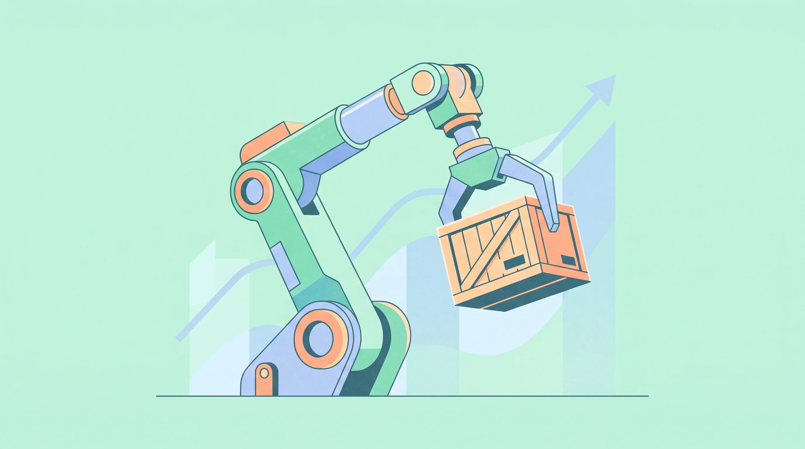 Digital illustration for article section "Content Section 3" in "TetraGen Robotics raises $1.8M for AI welding robots" - A modern, flat vector illustration of a sleek industrial robotic arm smoothly lifting a stylized shi...