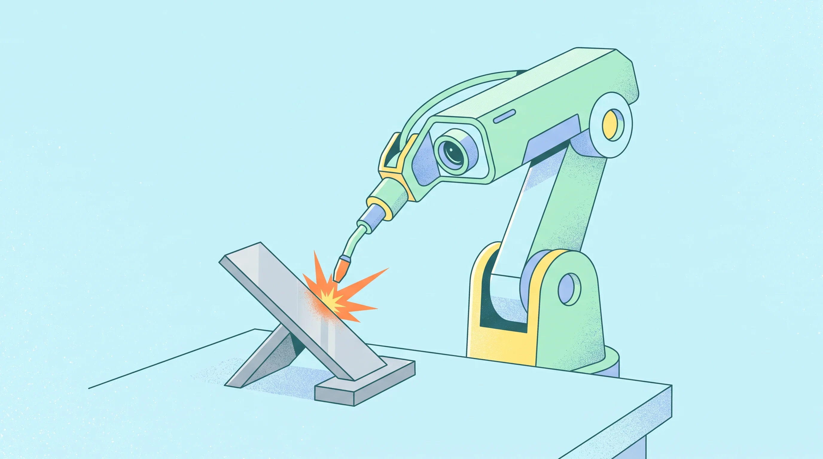 Digital illustration for article section "Content Section 4" in "TetraGen Robotics raises $1.8M for AI welding robots" - A sleek, modern robotic welding arm equipped with a prominent vision-guided camera sensor poised ove...