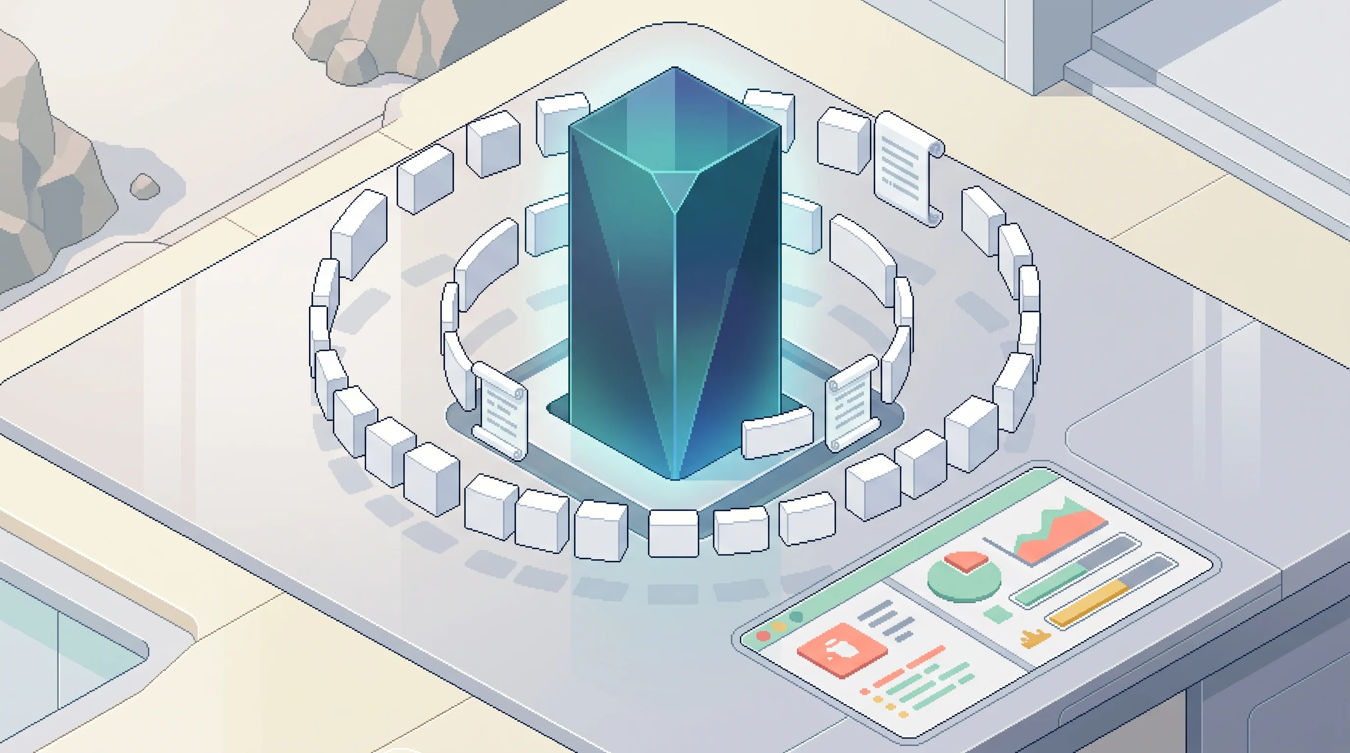 Digital illustration for article section "Content Section 2" in "Ante launches 15MB offline AI coding agent" - A top-down isometric perspective of a massive, sleek, glowing geometric monolith representing a heav...