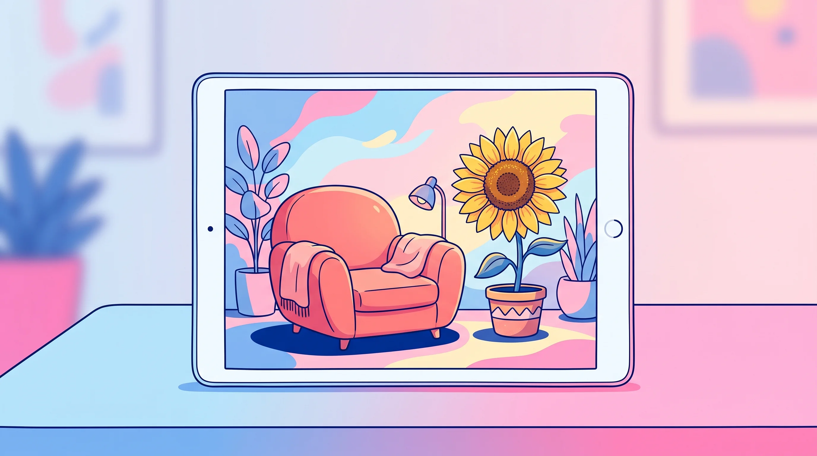 Digital illustration for article section "Content Section 2" in "Sunflower launches AI sobriety platform with tele-therapy" - A sleek, modern digital tablet resting on a clean, minimalist desk, displaying a comforting, stylize...