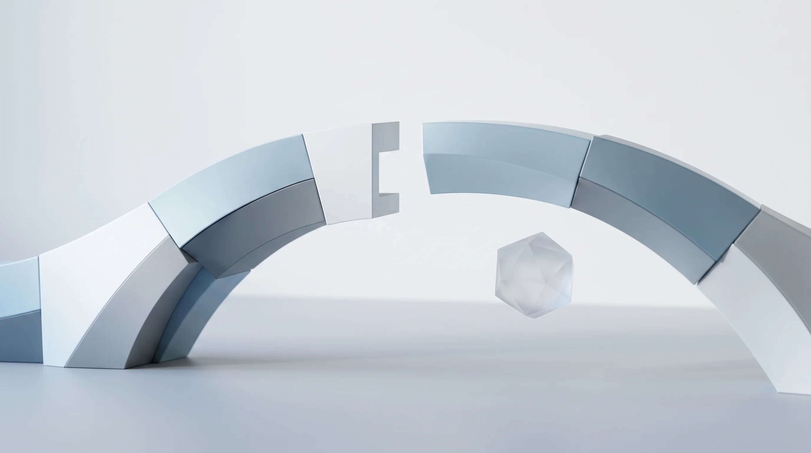 Digital illustration for article section "Content Section 6" in "DeepReach builds real-world data network for physical AI" - A sleek, minimalist arrangement of smooth, interlocking geometric blocks forming a continuous struct...