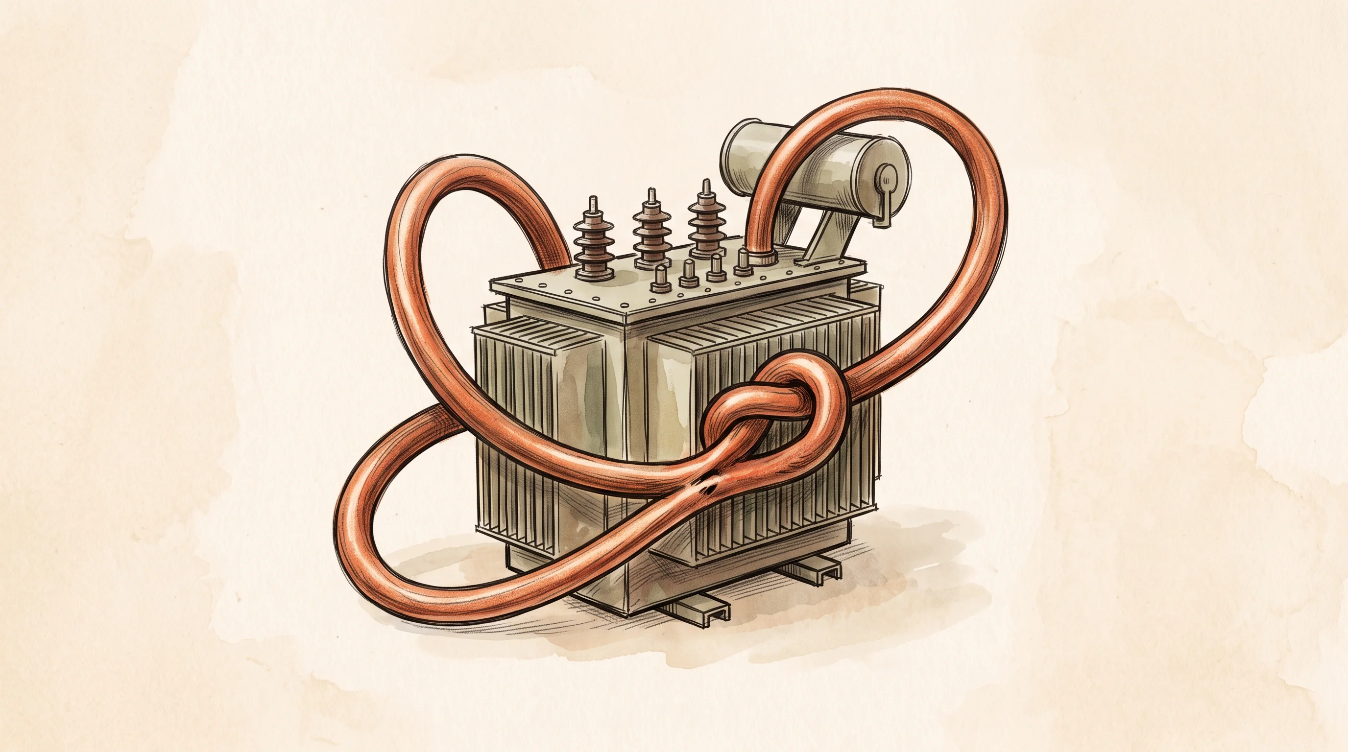 Digital illustration for article section "Content Section 3" in "Fluxco raises $26M to fix transformer procurement crisis" - A conceptual illustration of an electrical transformer entwined with a thick, looping copper wire th...