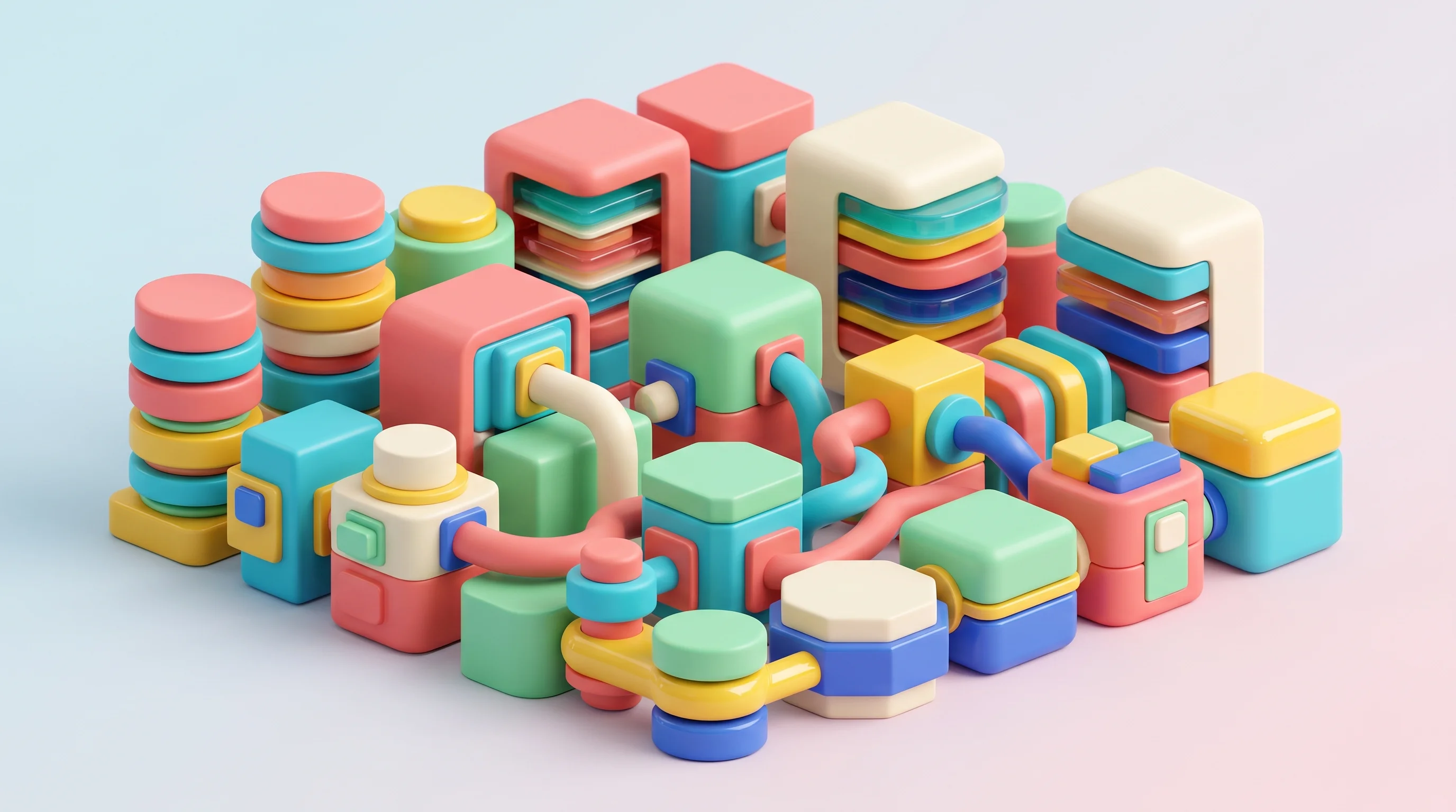 Digital illustration for article section "A Crowded Field of Alternatives" in "Pathway raises $30M at $500M for post-Transformer AI" - A conceptual 3D illustration representing a crowded field of alternative systems, featuring a dense ...