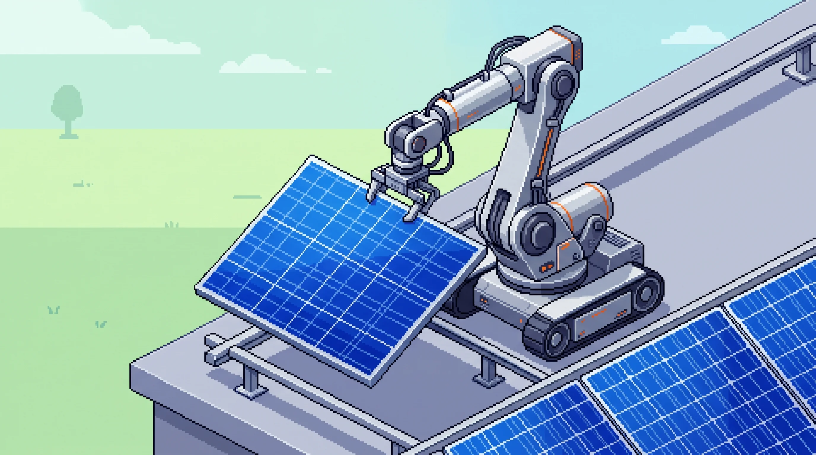 Digital illustration for article section "Content Section 2" in "Libra Robotics launches robot squads for solar farms" - A clean, minimalist isometric pixel art illustration of a sleek, automated robot precisely installin...