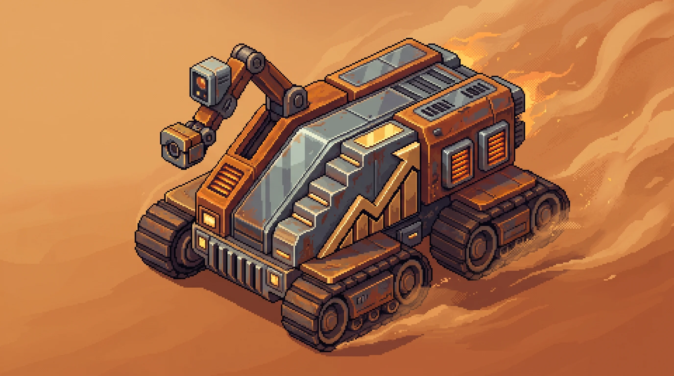 Digital illustration for article section "Content Section 4" in "Libra Robotics launches robot squads for solar farms" - A detailed isometric pixel art illustration of a robust, heavy-duty automated industrial rover bravi...