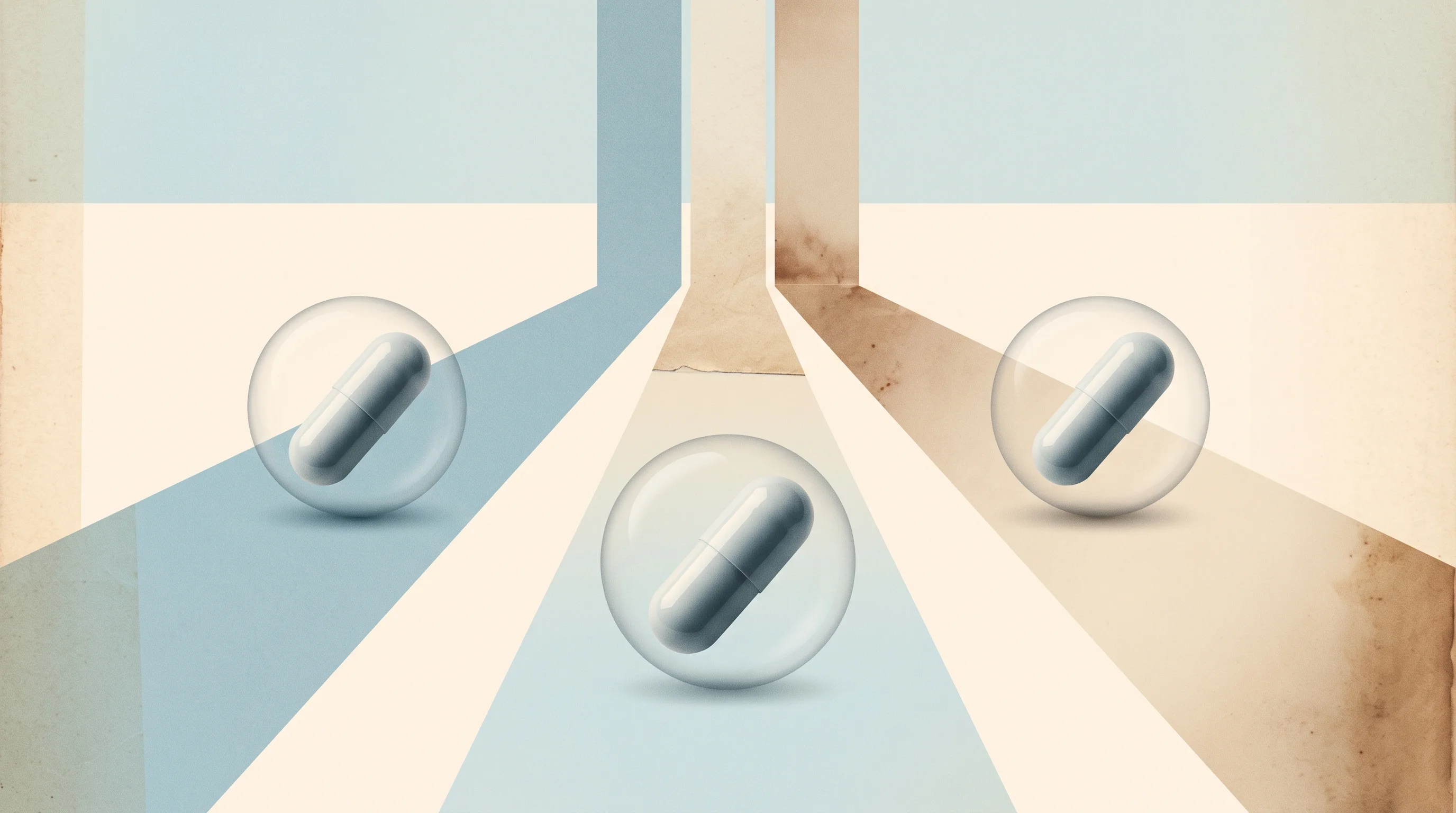 Digital illustration for article section "Three Paths to Oral Delivery" in "WonderTx builds AI to turn injectable drugs into pills" - Three sleek, minimalist medical capsules resting on three distinct, converging abstract pathways, ea...
