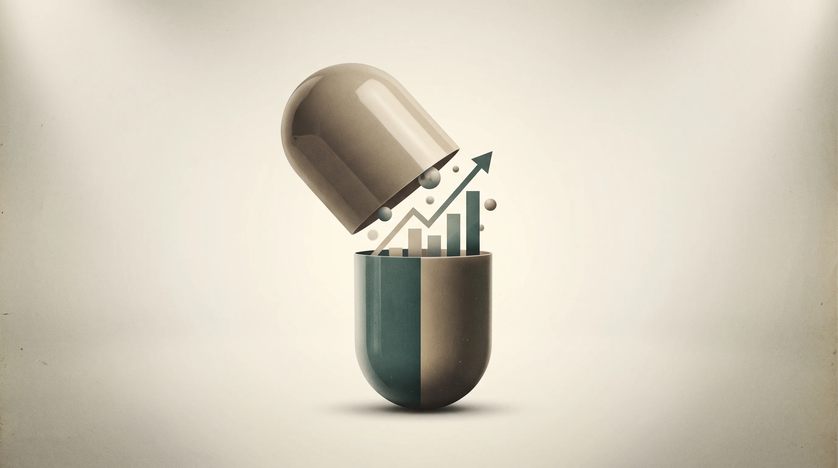 Digital illustration for article section "What Comes Next" in "WonderTx builds AI to turn injectable drugs into pills" - A minimalist and conceptual surreal digital collage representing the massive future financial growth...