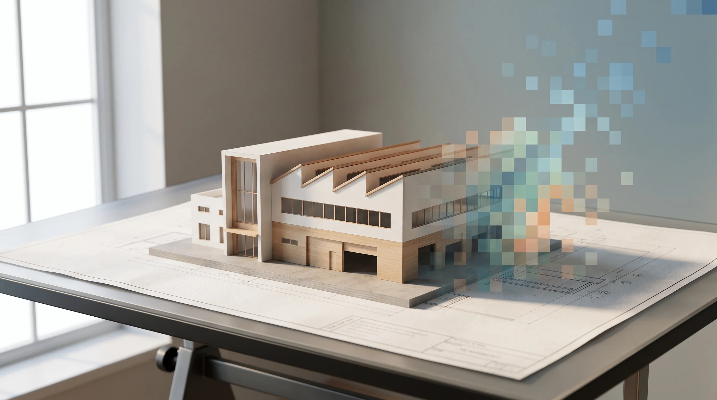 Digital illustration for article section "Content Section 3" in "Uplift Microhome lands a16z for disaster relief homes" - A clean, minimalist architectural model of a modern factory building resting gently on a sleek draft...