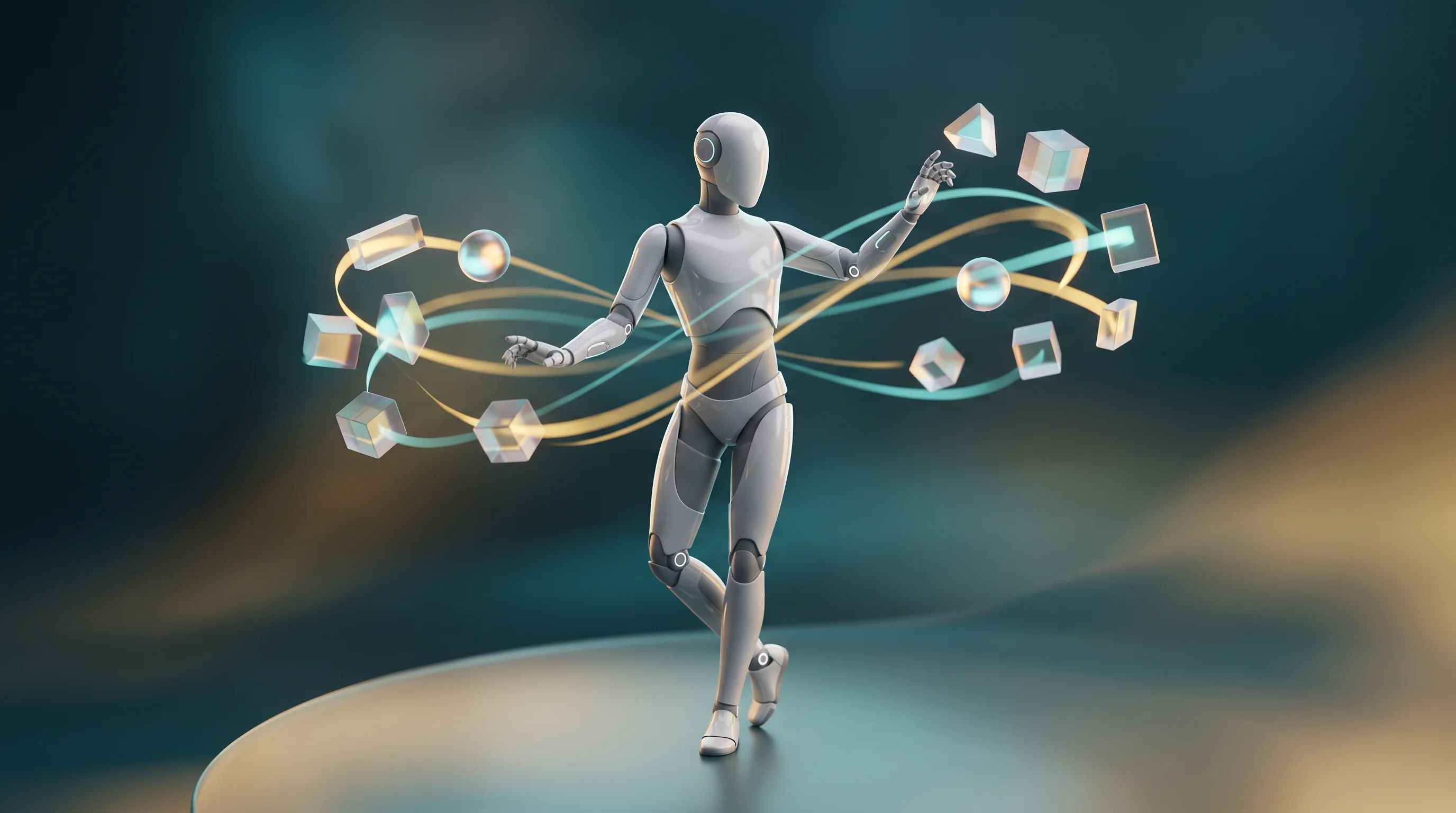 Digital illustration for article section "Foundation Models Change the Development Equation" in "Humanoid robotics nears $10B funding in 2026 as BMW deploys" - A sleek, modern, faceless humanoid robot stands at the center of a soft, dreamlike, uncluttered envi...
