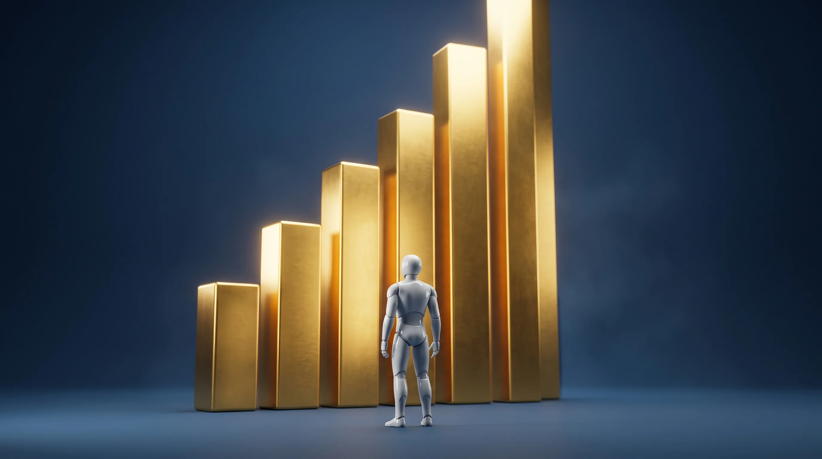 Digital illustration for article section "What Scale Looks Like" in "Humanoid robotics nears $10B funding in 2026 as BMW deploys" - A sleek, minimalist, faceless white humanoid robot stands in a vast, uncluttered, dreamlike space, g...