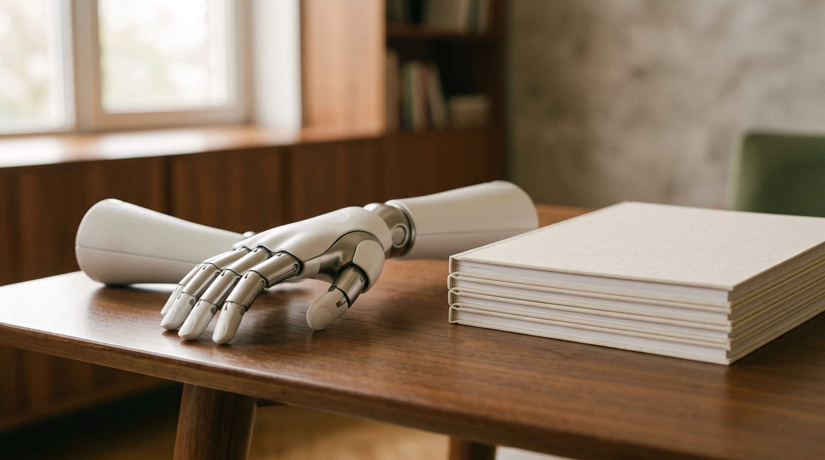 Digital illustration for article section "Content Section 3" in "1X opens World Model Lab to train robots on internet video" - A clean, minimalist conceptual composition featuring a sleek, modern humanoid robotic hand resting e...
