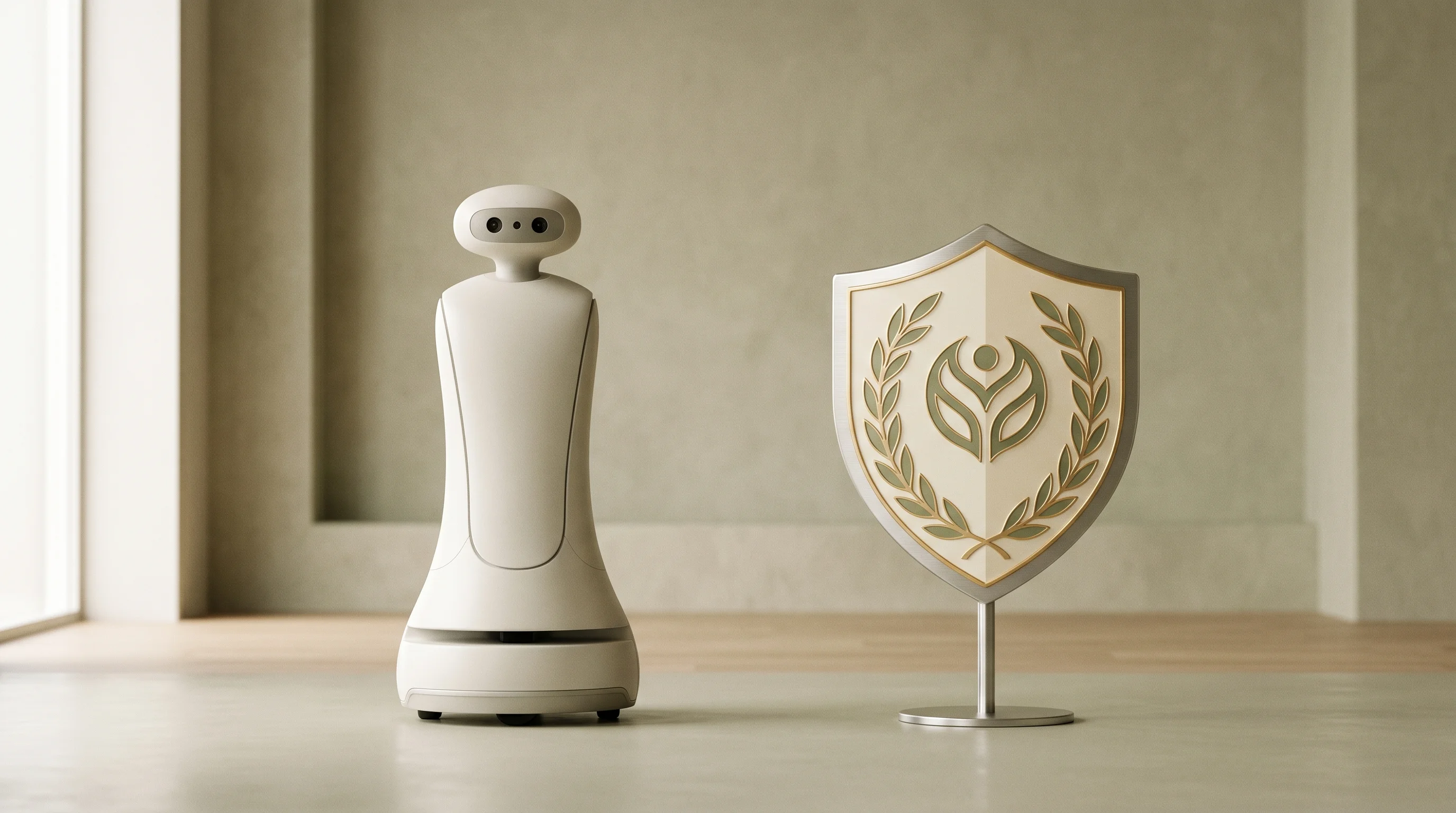 Digital illustration for article section "Content Section 5" in "1X opens World Model Lab to train robots on internet video" - A perfectly symmetrical, cinematic shot of a sleek, minimalist service robot positioned next to a su...