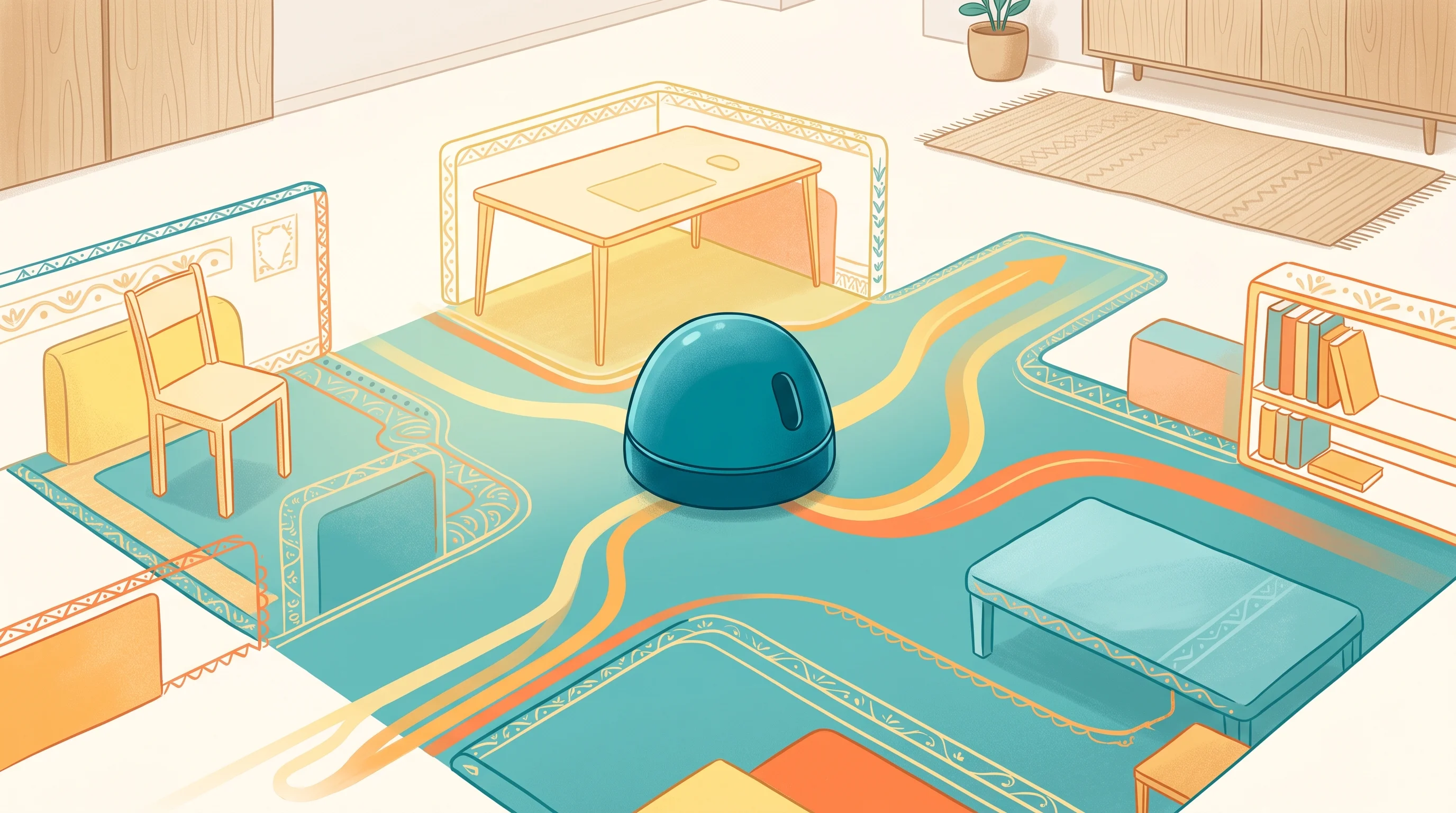 Digital illustration for article section "Content Section 2" in "Matic adds voice control to robot vacuum challenging Dyson" - A clean, minimalist conceptual visualization of a modern indoor robot navigating a precise 3D map of...