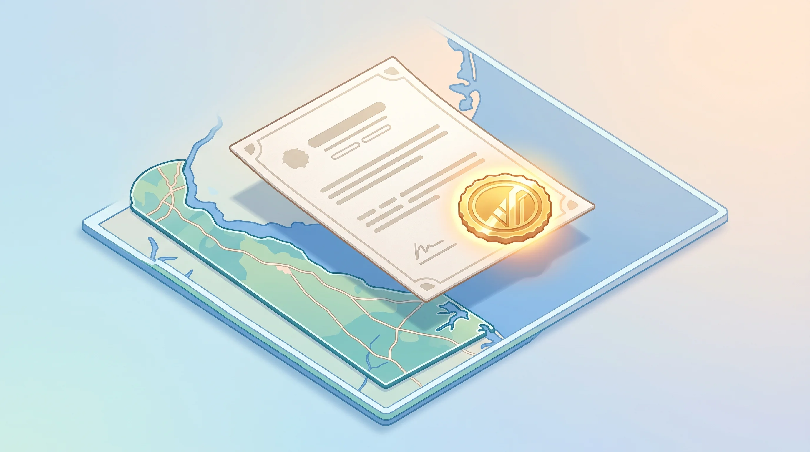 Digital illustration for article section "Content Section 2" in "Navro raises $41M to scale global payments platform" - A clean and minimalist top-down isometric view of a sleek, stylized official document and a glowing ...
