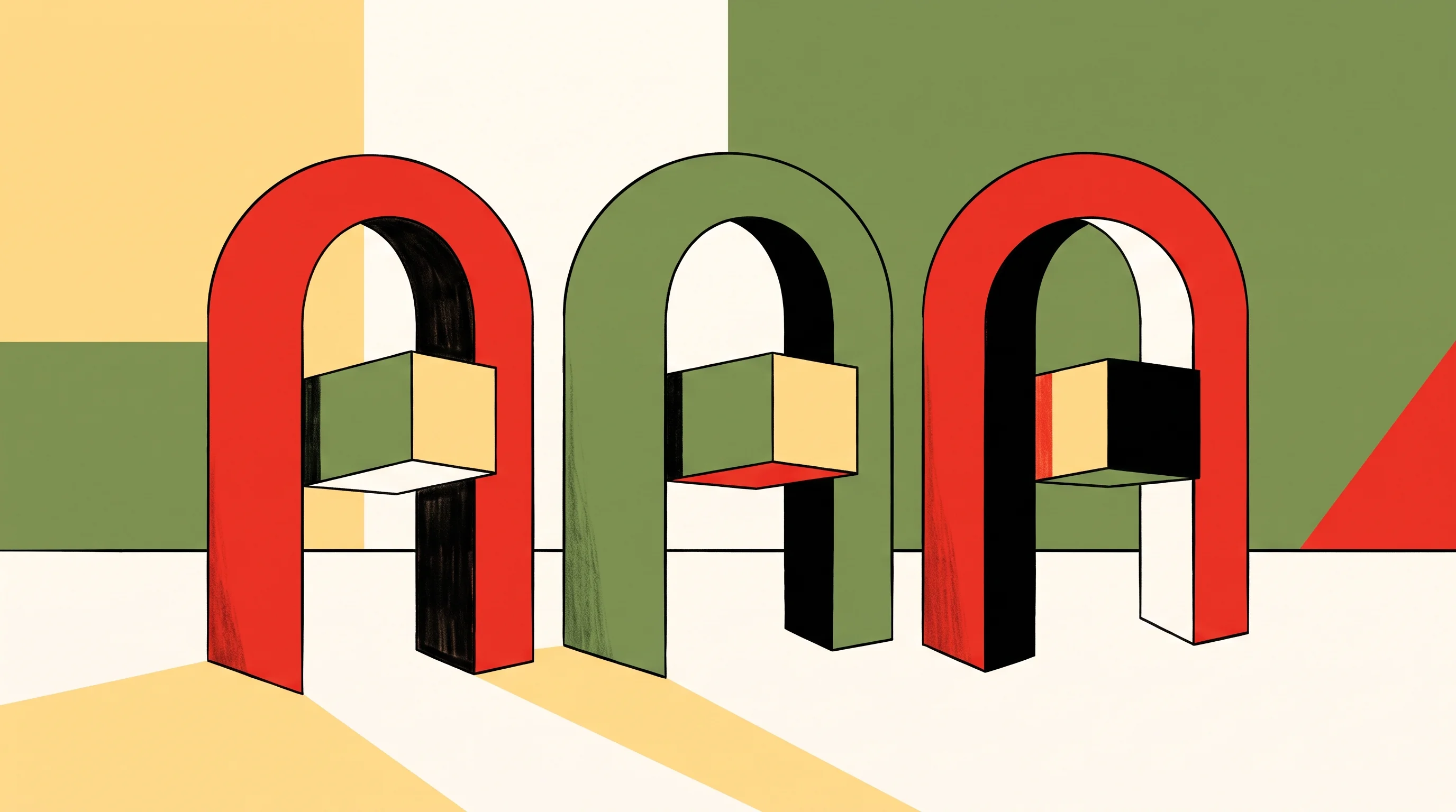 Digital illustration for article section "Content Section 4" in "Tau Ventures launches Fund III for early-stage AI startups" - A warm minimalist illustration depicting three distinct, elegant geometric archways standing in a cl...
