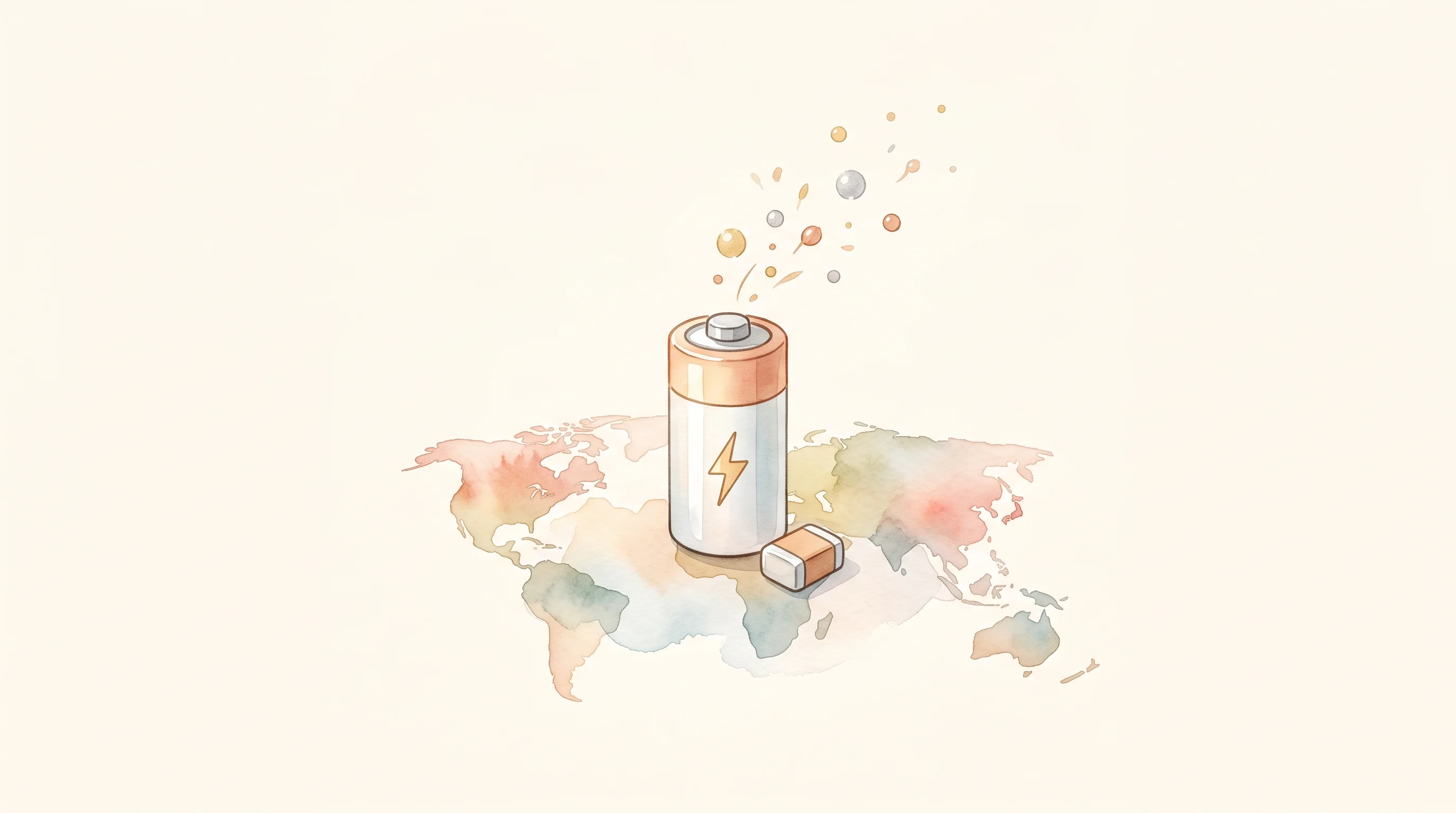 Digital illustration for article section "Partnerships in Japan and Canada" in "AraBat secures €280K to scale bio-based battery recycling" - A conceptual, minimalist watercolor illustration representing an international partnership in sustai...