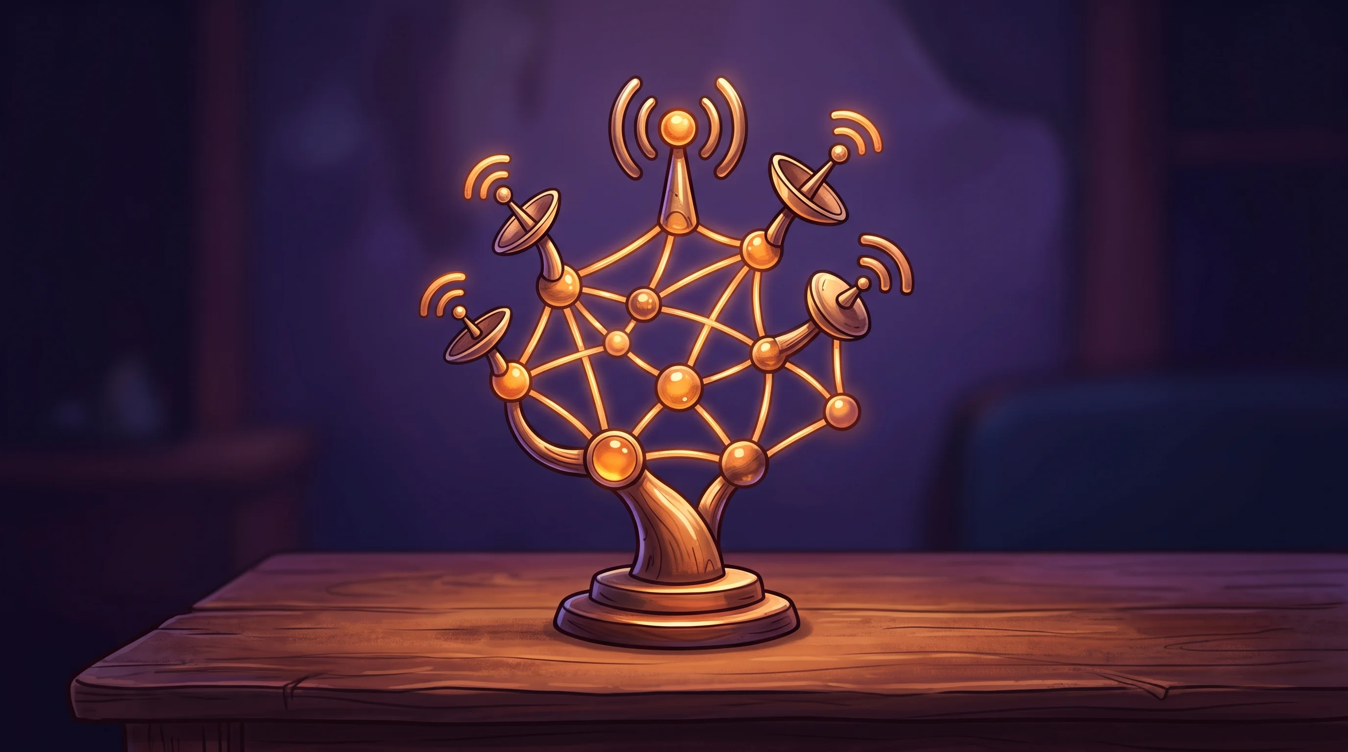 Digital illustration for article section "The Team Behind the Platform" in "InfiniG partners with Nokia to bring mobile coverage indoors" - A conceptual and whimsical illustration representing a highly experienced team's interconnected hist...