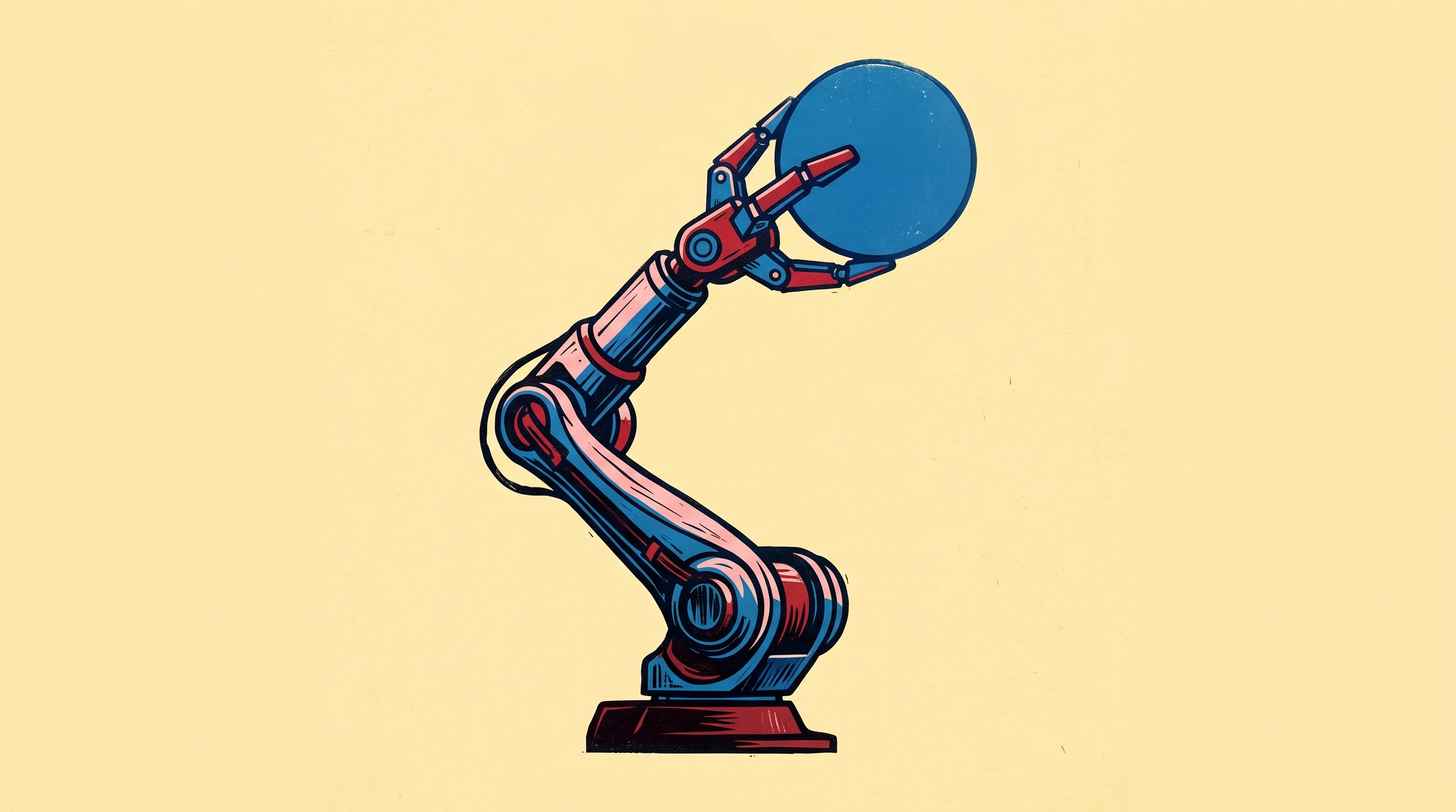 Digital illustration for article section "SoftBank's Bet on Machines That Move" in "Gravis Robotics raises $200M to automate construction sites" - A minimalist and conceptual illustration of a sleek, modern robotic arm gracefully lifting a solid g...