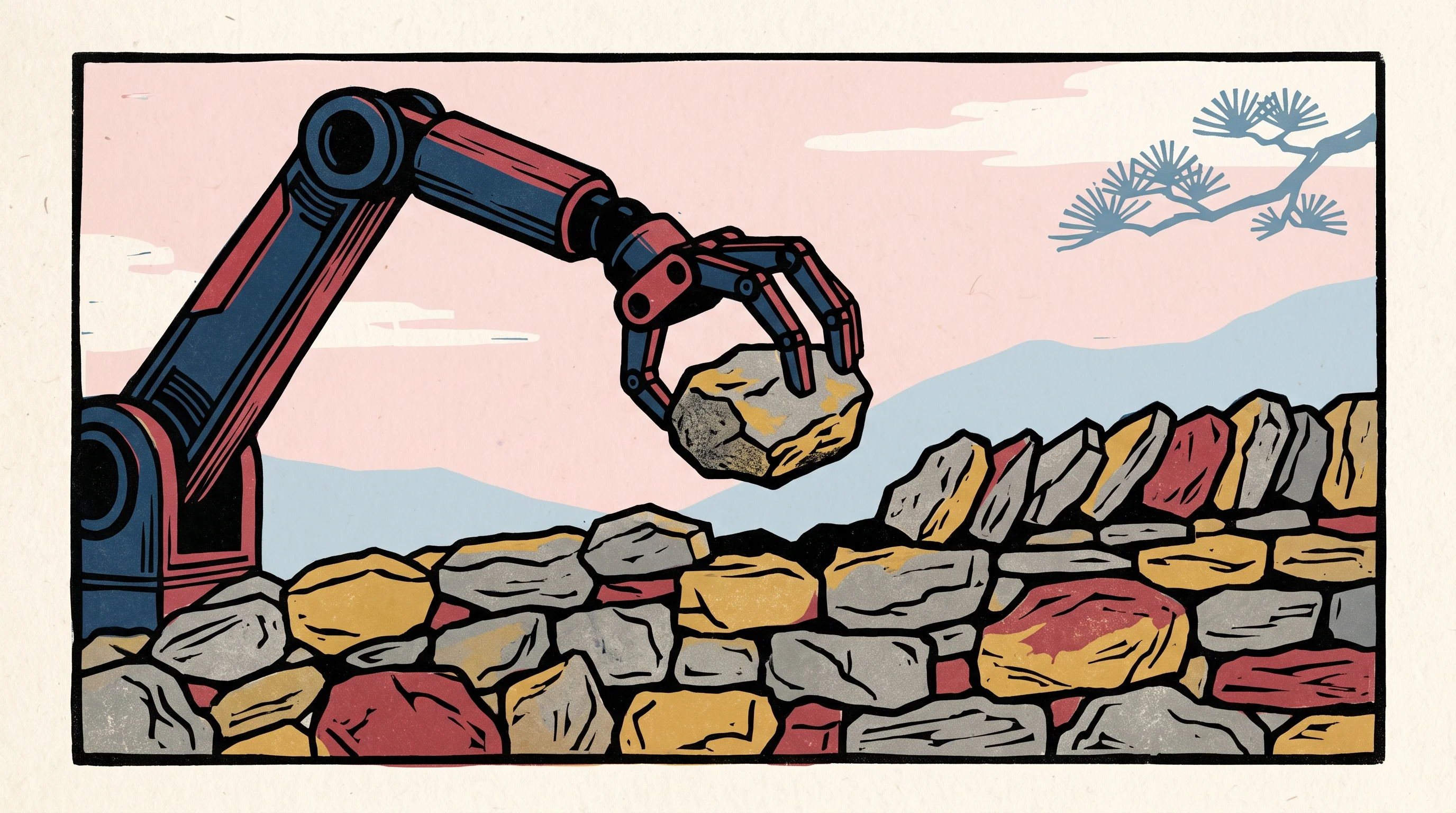 Digital illustration for article section "The Team Behind the Machines" in "Gravis Robotics raises $200M to automate construction sites" - A clean, minimal composition featuring a sleek, modern robotic arm carefully placing a rough, natura...