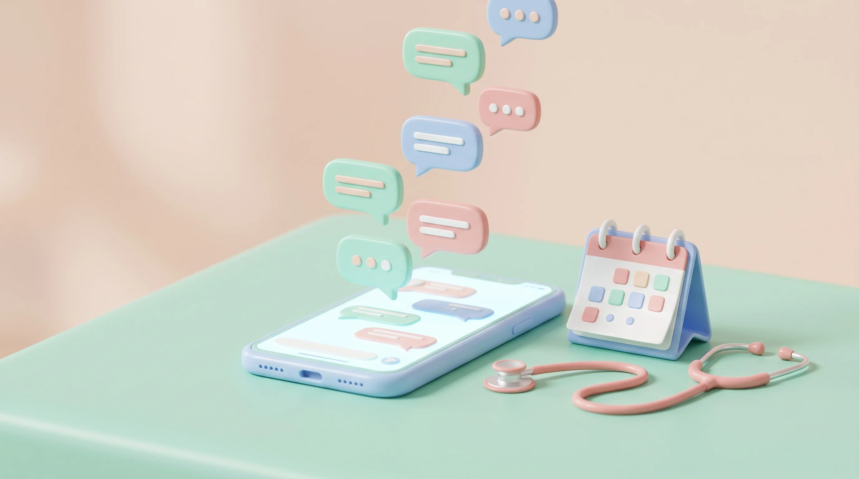 Digital illustration for article section "Content Section 2" in "Aisel Health raises funding to automate psychiatric clinics" - A 3D cartoon miniature model scene representing healthcare AI conversations, featuring a clean, styl...