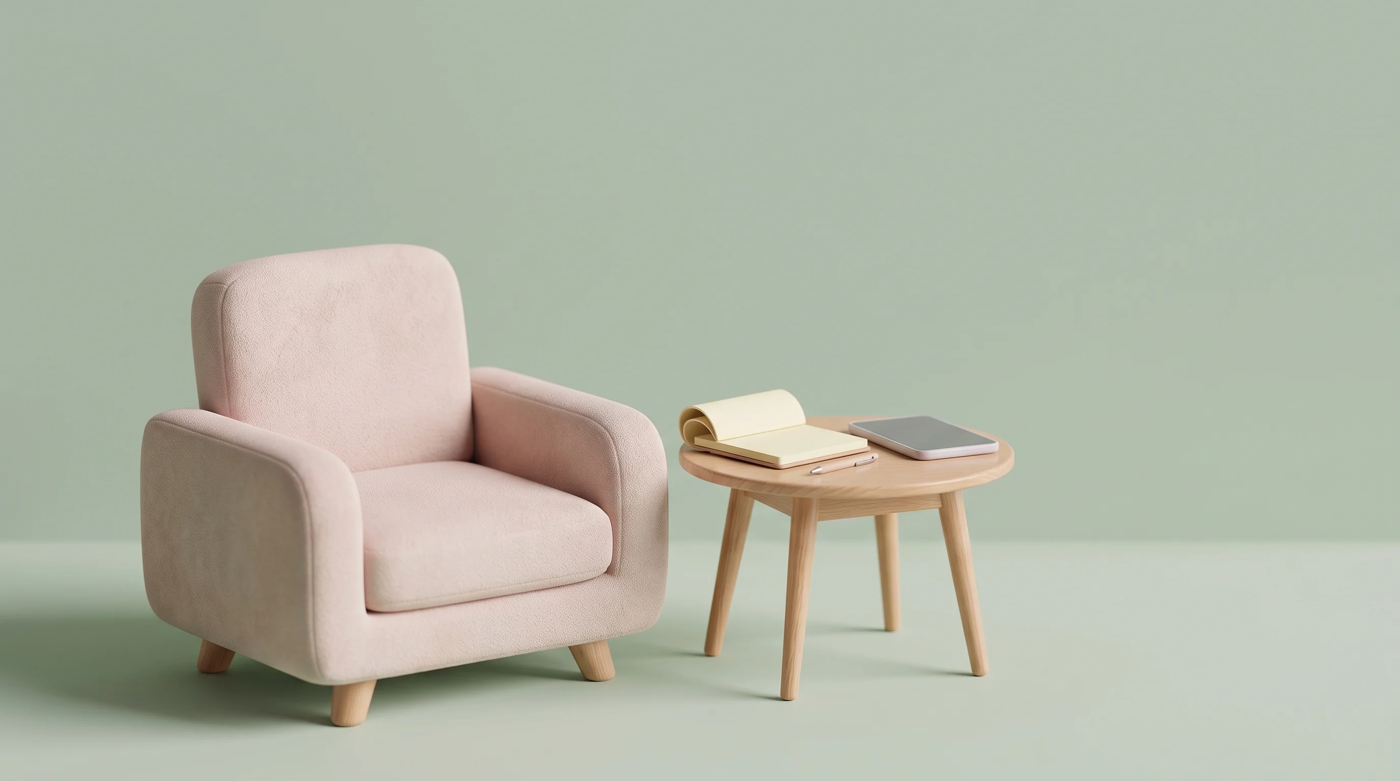 Digital illustration for article section "Content Section 4" in "Aisel Health raises funding to automate psychiatric clinics" - A clean, minimal 3D cartoon miniature model of a cozy, neo-retro psychiatrist's consultation space, ...