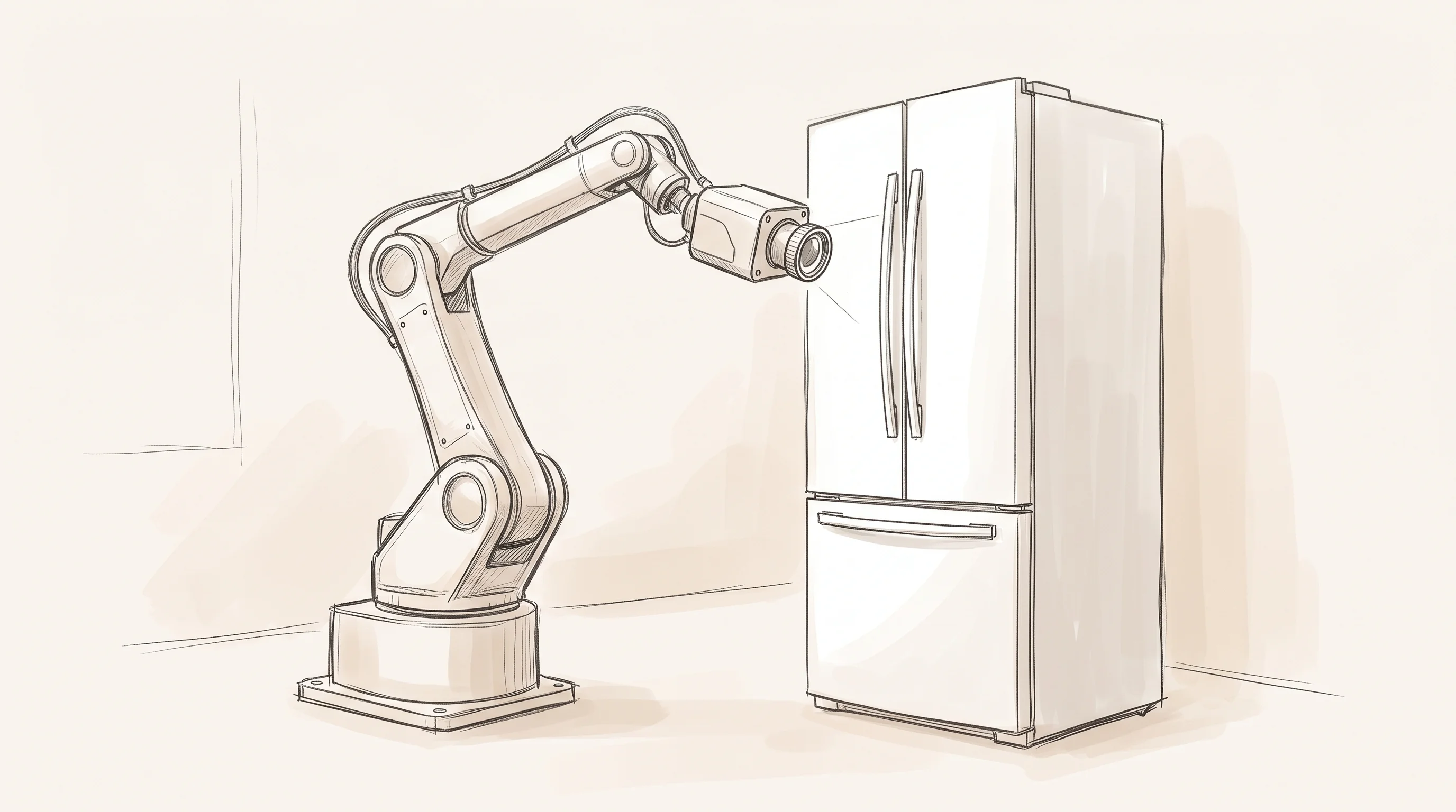 Digital illustration for article section "A Crowded Field of Adaptable Machines" in "Shiraz AI builds robots that learn factory tasks in one demo" - A clean, minimalist composition featuring a modern robotic arm equipped with a vision-based camera s...