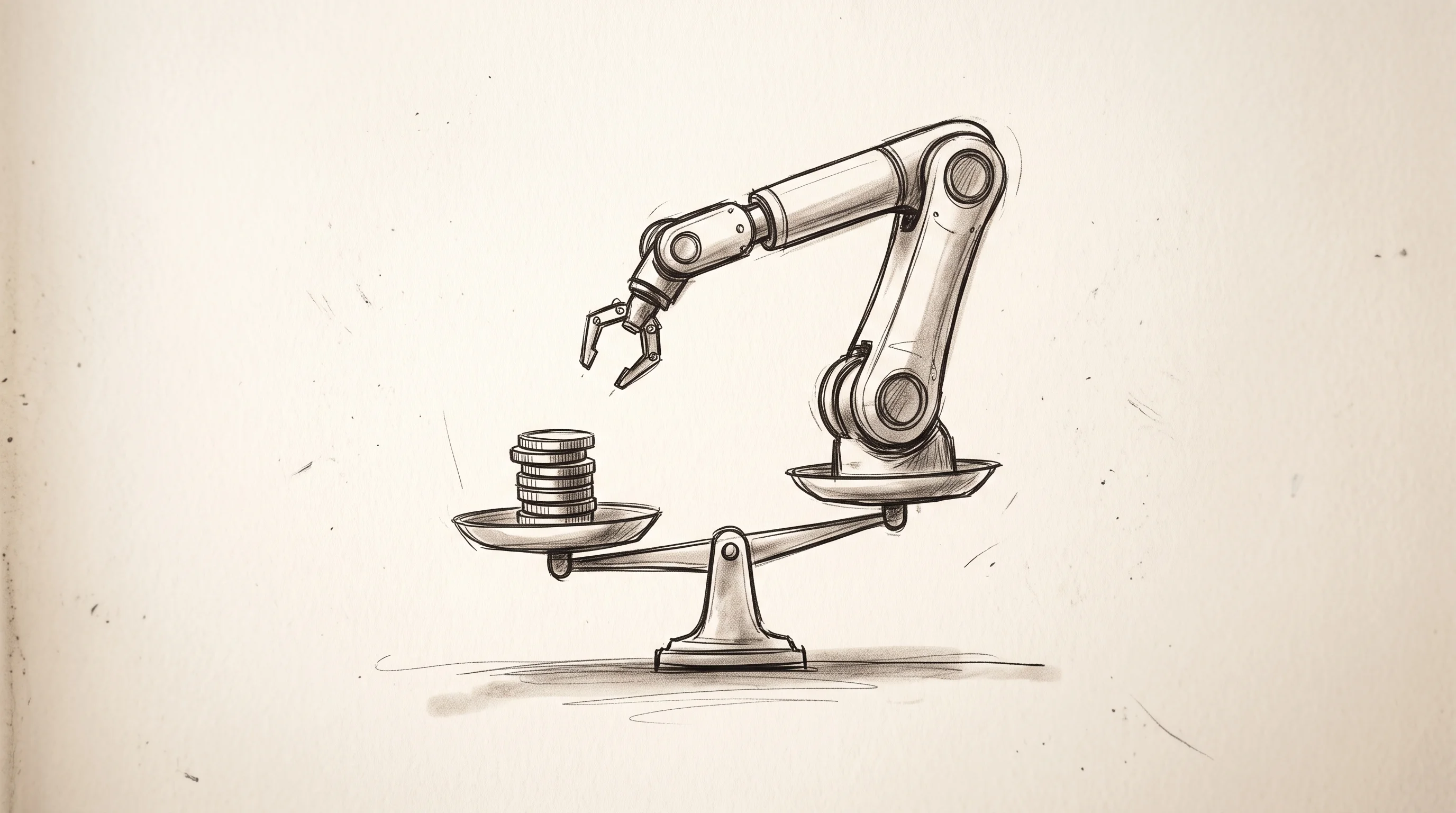 Digital illustration for article section "The Economics Question" in "Shiraz AI builds robots that learn factory tasks in one demo" - A clean, minimalist conceptual illustration of a sleek industrial robotic arm delicately balancing a...