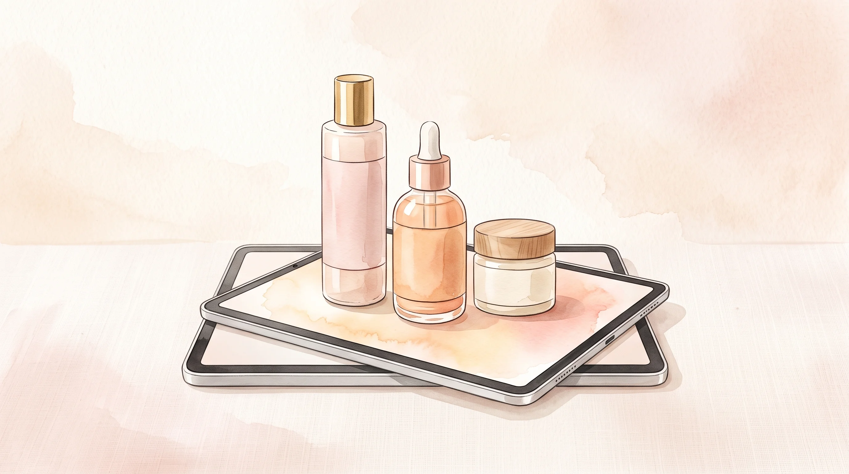 Digital illustration for article section "Content Section 2" in "Better Not Younger raises $3.5M for aging women's haircare" - A contemporary minimalist watercolor illustration of elegant beauty and haircare bottles gracefully ...