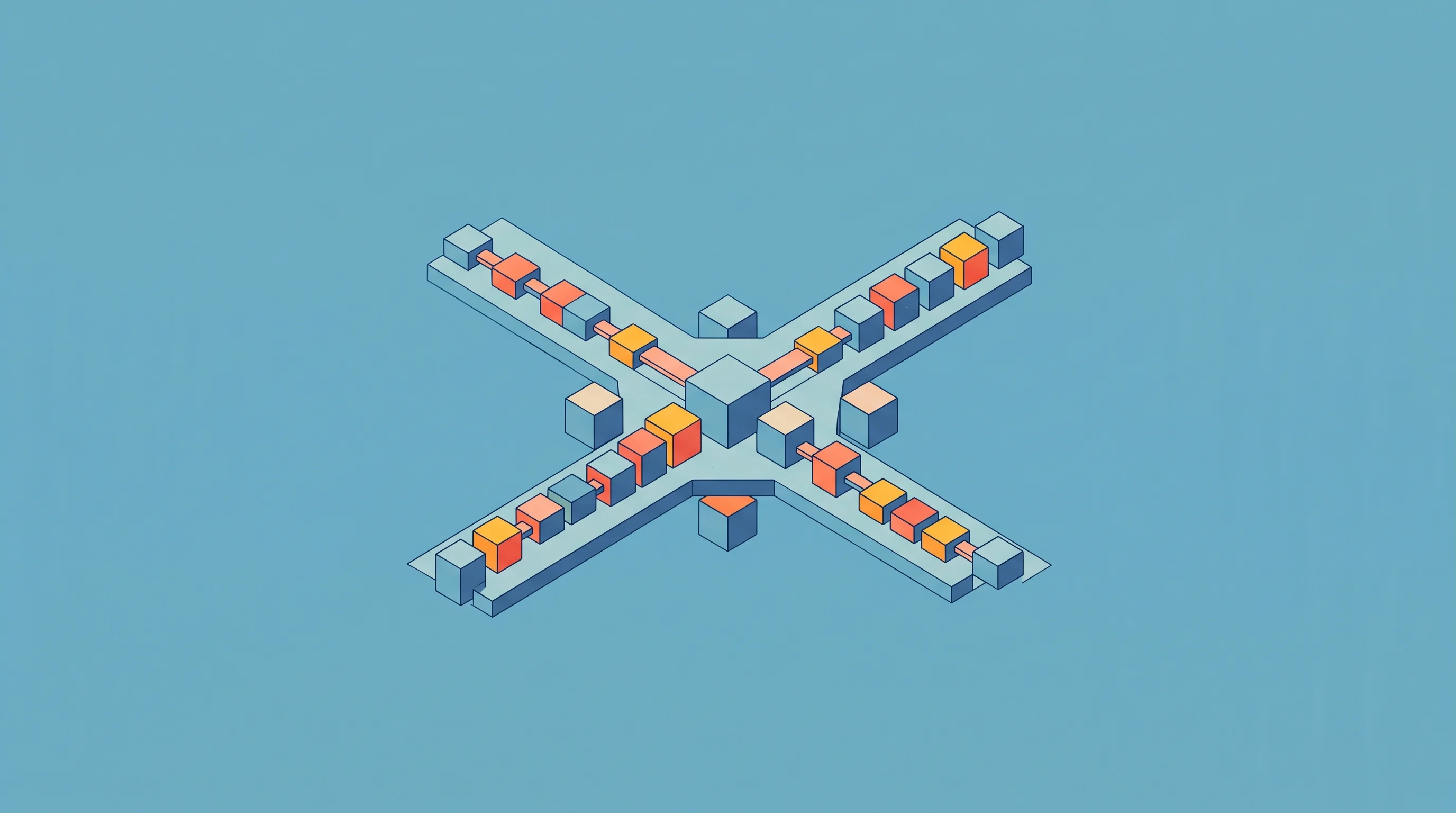 Digital illustration for article section "Technical Architectures Converge" in "Lyon builds private AI models for bank transaction data" - A conceptual and minimalist visual representation of converging technical architectures, depicted as...