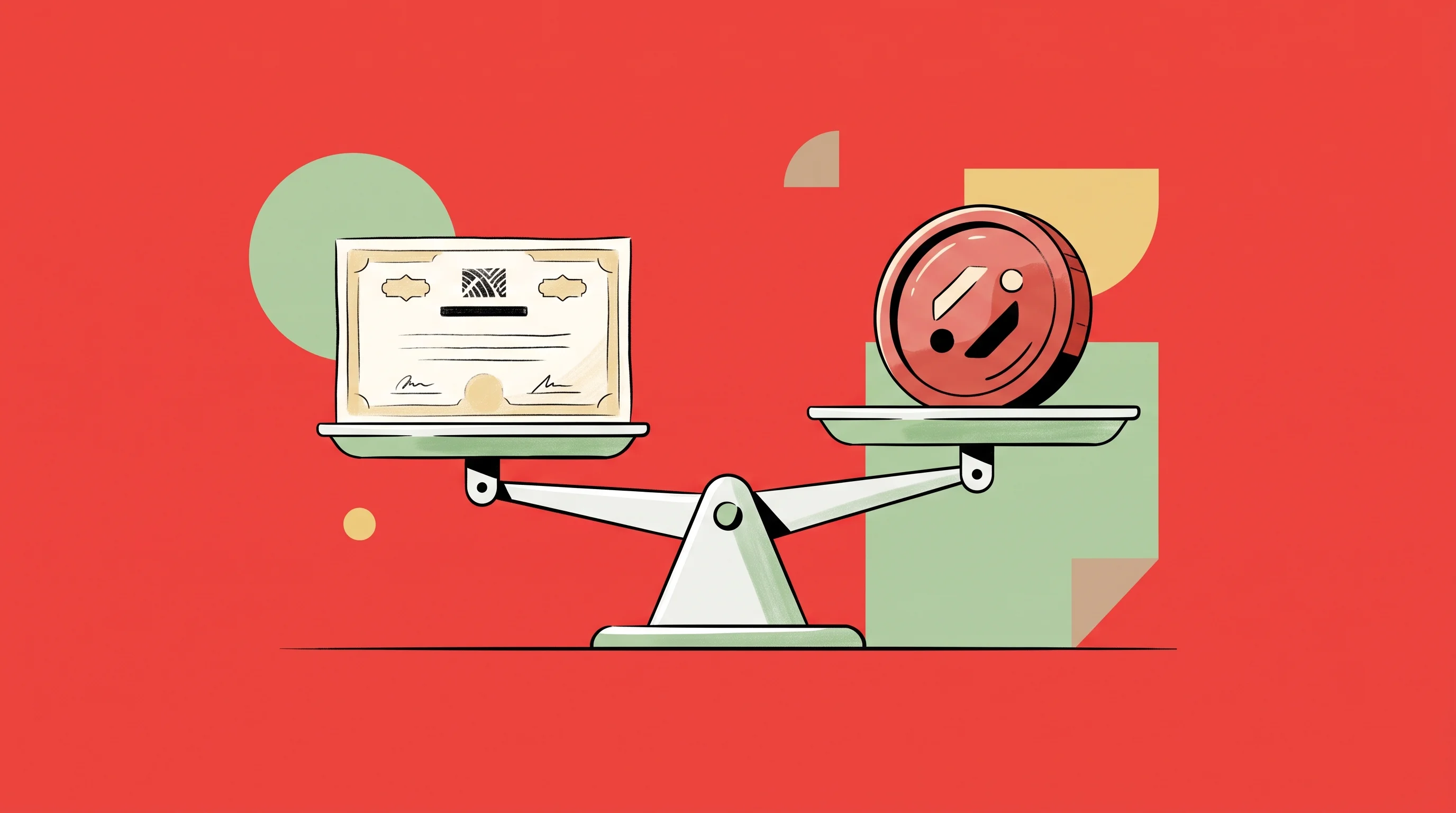 Digital illustration for article section "Content Section 3" in "Arbital launches trading terminal with $1.35B in volume" - A minimalist illustration of a single traditional stock certificate perfectly balanced on a sleek ge...