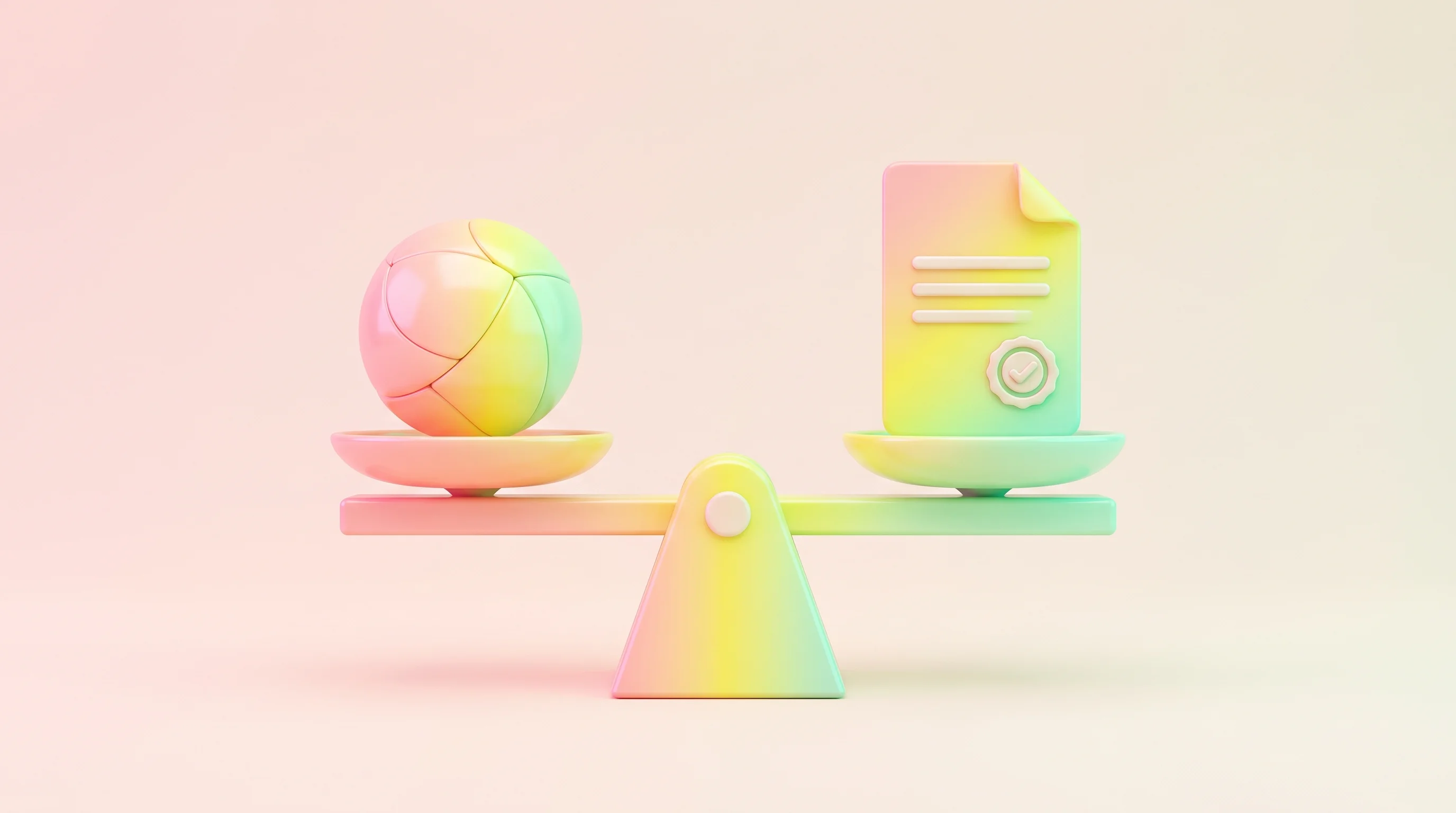 Digital illustration for article section "The Governance Scramble" in "Studio launches AI to predict human response to new ideas" - A conceptual 3D illustration representing AI governance and regulatory compliance, featuring a styli...