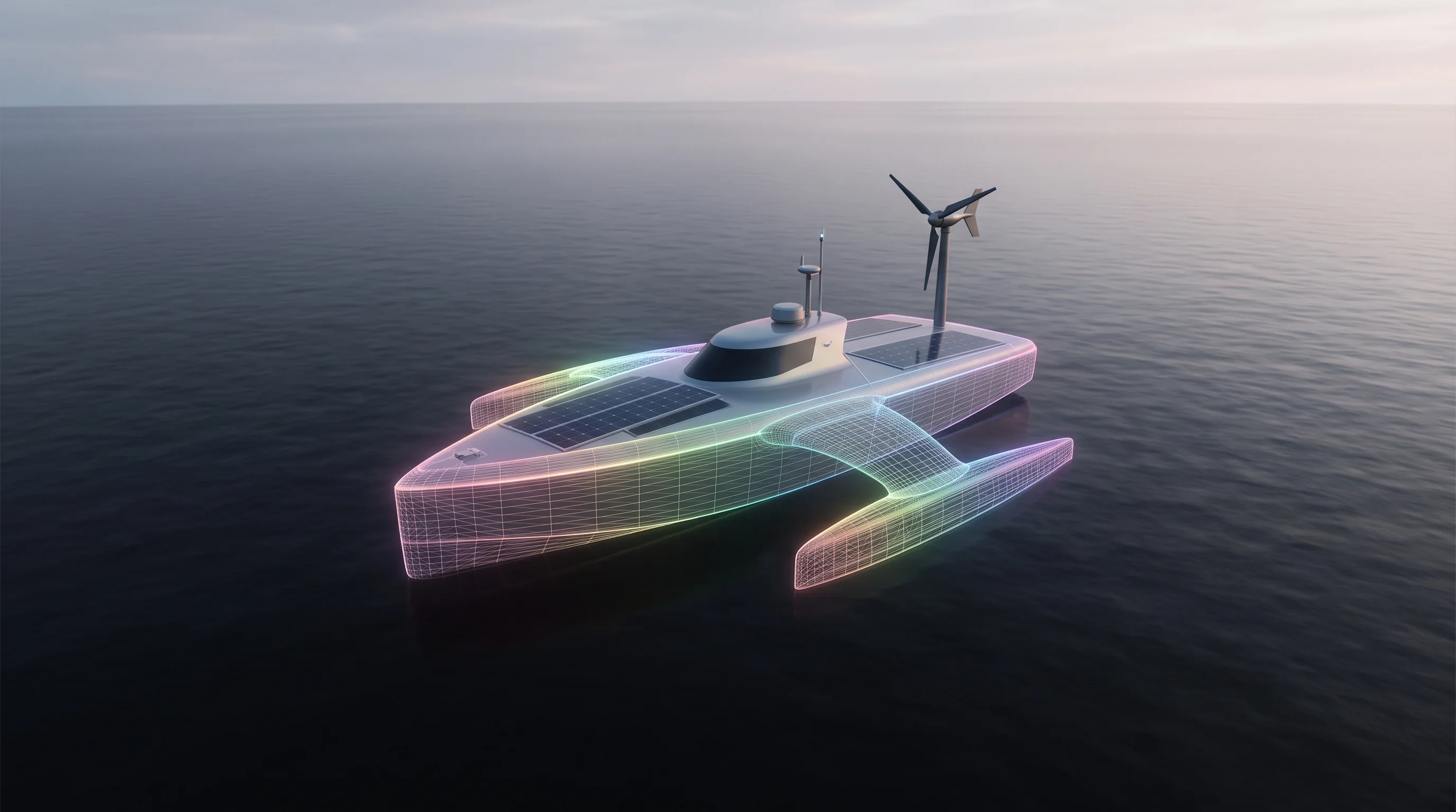 Digital illustration for article section "Content Section 2" in "Oshen raises $5M to scale hurricane-tested ocean robots" - A sleek, modern unmanned ocean surface robot equipped with integrated solar panels and a compact win...