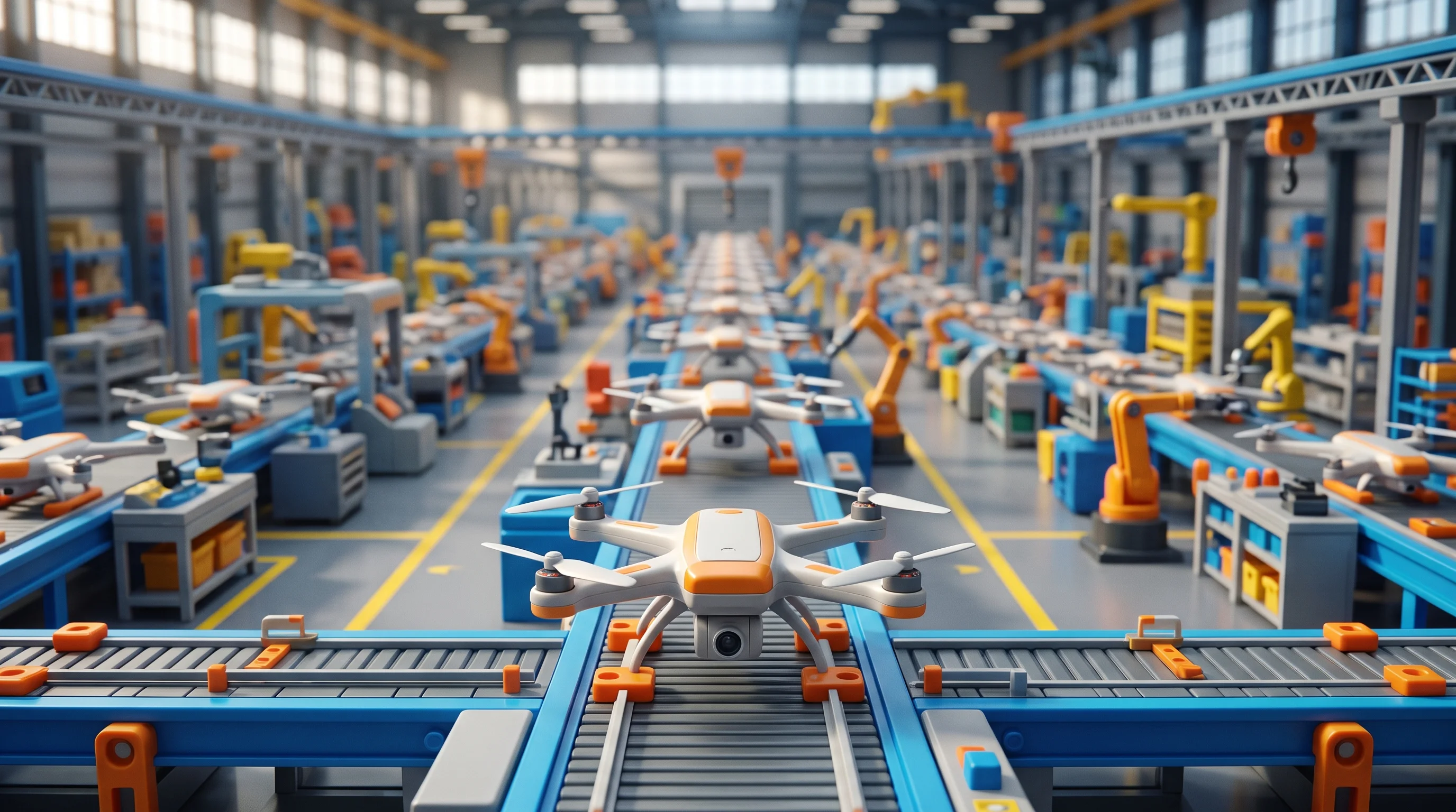 Digital illustration for article section "Manufacturing at Scale" in "Terra Industries closes $52M seed for African defense tech" - A macro photography view of a modern, expansive factory floor manufacturing sleek aerial systems, be...